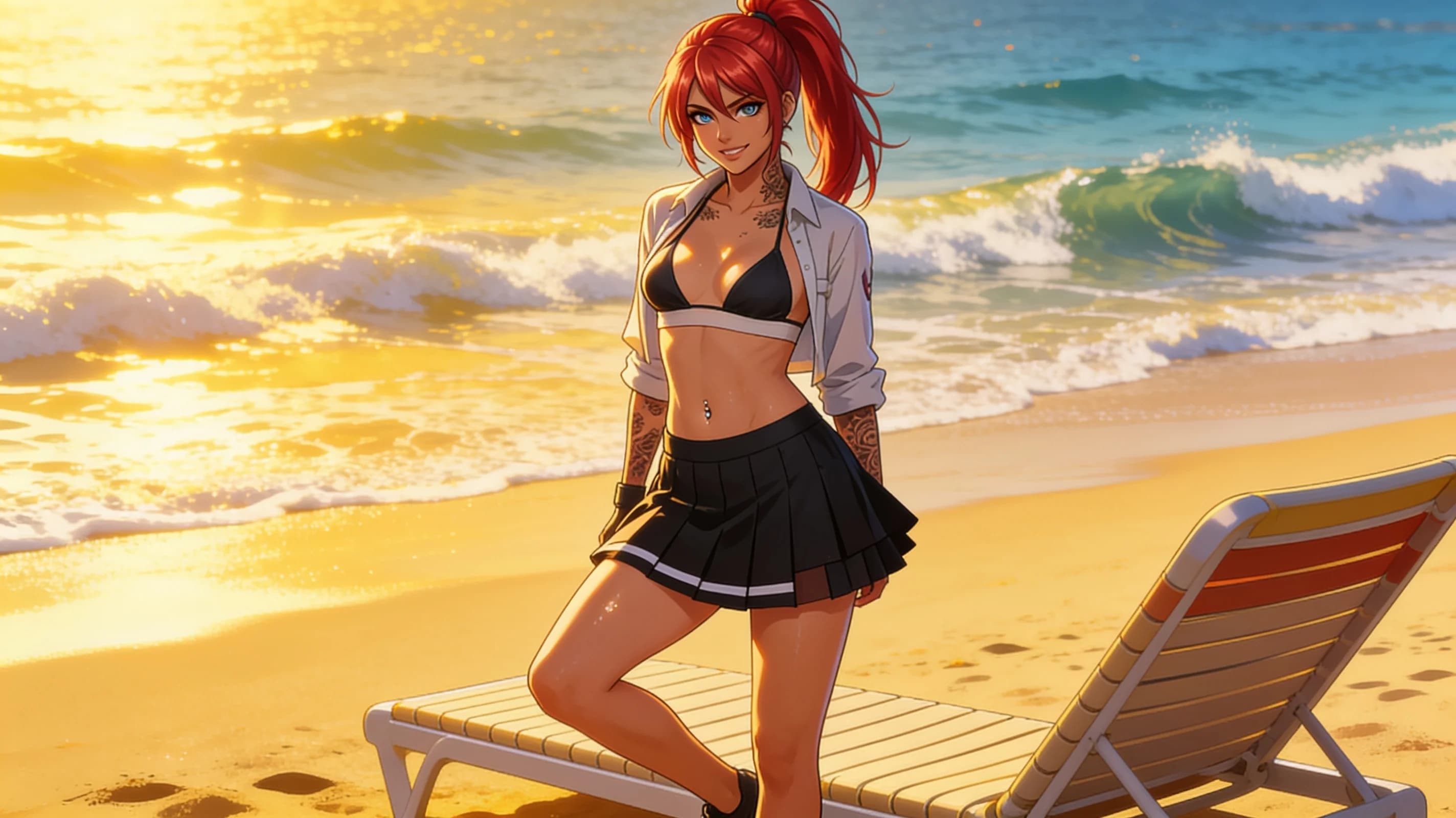 A 21-year-old Asian woman with red ponytail hair, green eyes, fit toned body, visible tattoos and belly piercings, standing confidently on a sunny beach beside a beach lounger while tanning, wearing a stylish bikini top under a cropped shirt and short black tennis skirt with a fashionable mini skirt layered, full body shot from front eye-level angle, intense direct eye contact with the viewer and a bright warm smile with lips gently parted, relaxed confident pose with weight on one leg, bright golden sunlight casting soft shadows across her skin with a light sheen of oil, vibrant beach background with ocean waves, Flawless anatomy, no extra digits, no extra limbs, realistic skin texture, high-detail., wearing a light flowy summer dress, wearing a stylish bikini on the beach, wearing a fashionable mini skirt, standing confidently, full body shot, working out at the gym, athletic activity, tanning on a beach lounger, on a sunny beach with ocean waves, in a beautiful garden with flowers