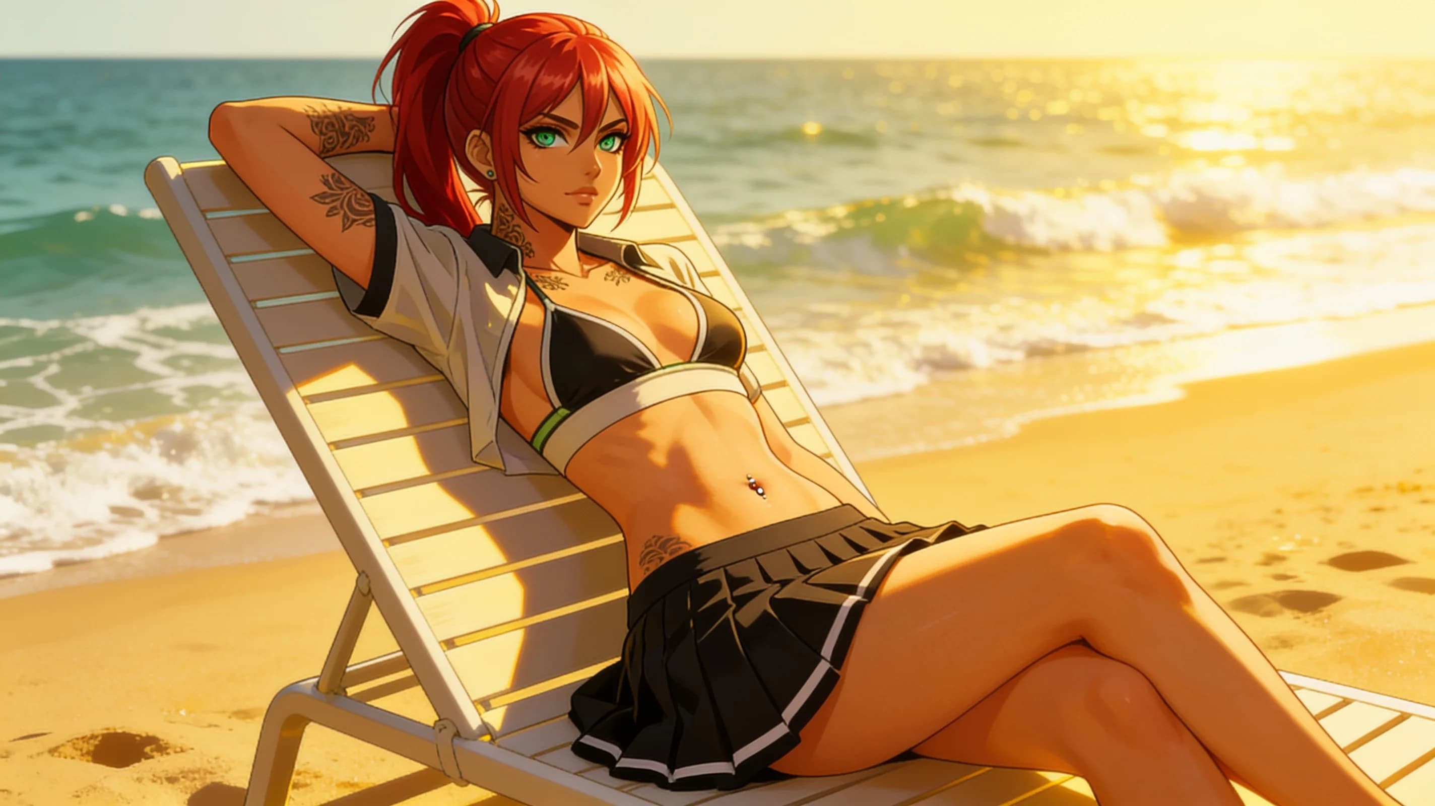 A 21-year-old Asian woman with red ponytail hair, green eyes, fit toned body, visible tattoos and belly piercings, standing confidently on a sunny beach beside a beach lounger while tanning, wearing a stylish bikini top under a cropped shirt and short black tennis skirt with a fashionable mini skirt layered, full body shot from front eye-level angle, intense direct eye contact with the viewer and a bright warm smile with lips gently parted, relaxed confident pose with weight on one leg, bright golden sunlight casting soft shadows across her skin with a light sheen of oil, vibrant beach background with ocean waves, Flawless anatomy, no extra digits, no extra limbs, realistic skin texture, high-detail., wearing a light flowy summer dress, wearing a stylish bikini on the beach, wearing a fashionable mini skirt, standing confidently, full body shot, working out at the gym, athletic activity, tanning on a beach lounger, on a sunny beach with ocean waves, in a beautiful garden with flowers