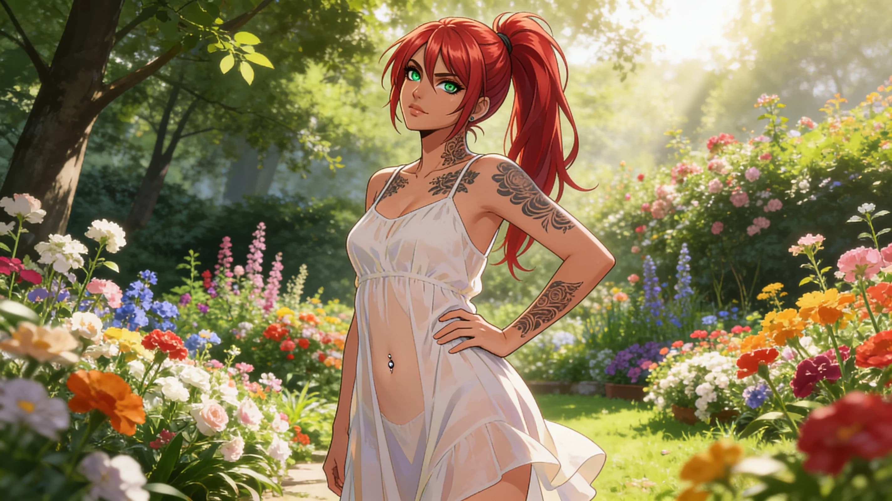 A 21-year-old Asian woman with red ponytail hair, green eyes, fit toned body, visible tattoos and belly piercings, standing confidently on a sunny beach beside a beach lounger while tanning, wearing a stylish bikini top under a cropped shirt and short black tennis skirt with a fashionable mini skirt layered, full body shot from front eye-level angle, intense direct eye contact with the viewer and a bright warm smile with lips gently parted, relaxed confident pose with weight on one leg, bright golden sunlight casting soft shadows across her skin with a light sheen of oil, vibrant beach background with ocean waves, Flawless anatomy, no extra digits, no extra limbs, realistic skin texture, high-detail., wearing a light flowy summer dress, wearing a stylish bikini on the beach, wearing a fashionable mini skirt, standing confidently, full body shot, working out at the gym, athletic activity, tanning on a beach lounger, on a sunny beach with ocean waves, in a beautiful garden with flowers