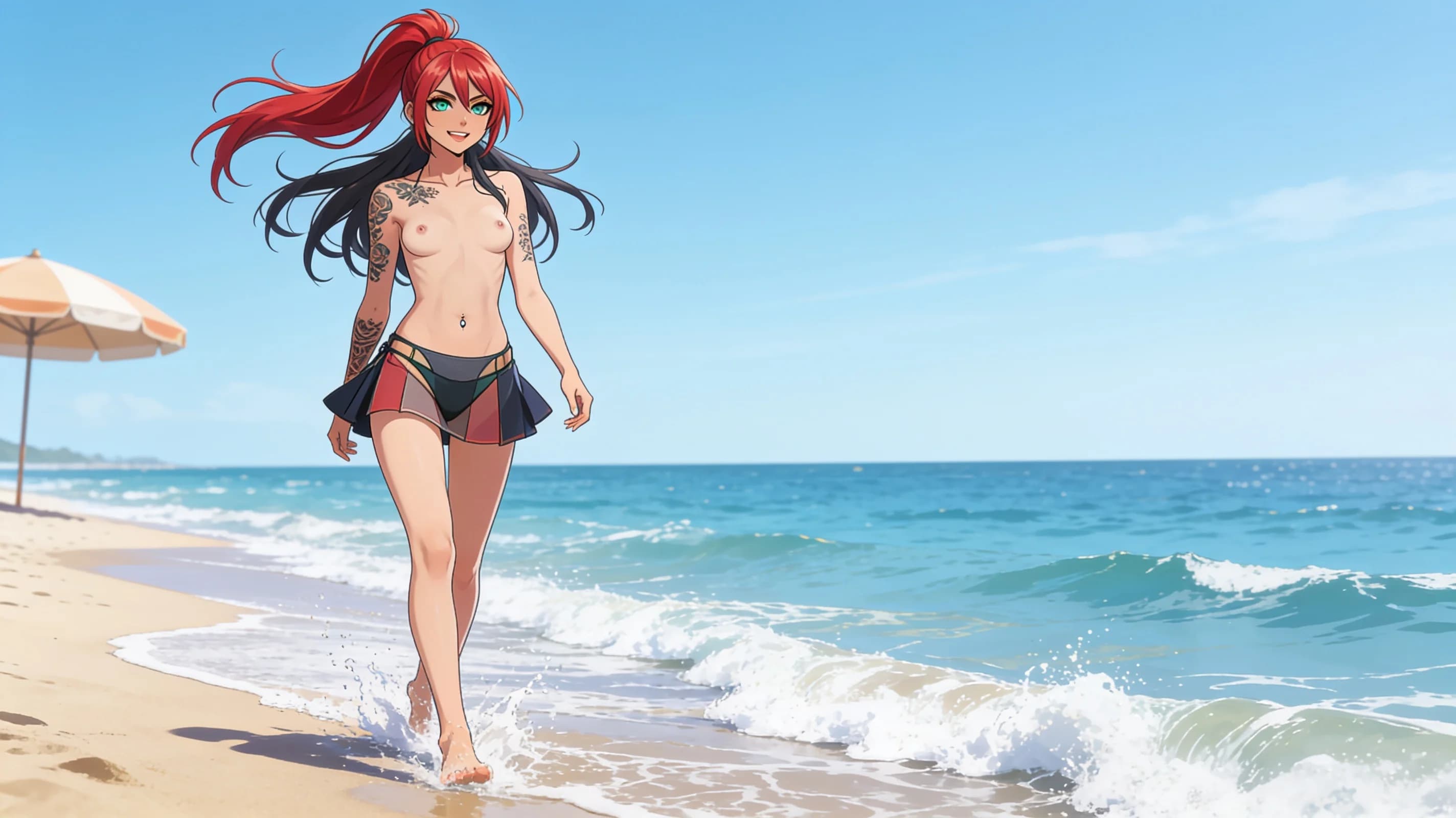 A 21-year-old Asian woman with red ponytail hair, green eyes, fit toned body, visible tattoos and belly piercings, standing confidently on a sunny beach beside a beach lounger while tanning, wearing a stylish bikini top under a cropped shirt and short black tennis skirt with a fashionable mini skirt layered, full body shot from front eye-level angle, intense direct eye contact with the viewer and a bright warm smile with lips gently parted, relaxed confident pose with weight on one leg, bright golden sunlight casting soft shadows across her skin with a light sheen of oil, vibrant beach background with ocean waves, Flawless anatomy, no extra digits, no extra limbs, realistic skin texture, high-detail., wearing a light flowy summer dress, wearing a stylish bikini on the beach, wearing a fashionable mini skirt, standing confidently, full body shot, working out at the gym, athletic activity, tanning on a beach lounger, on a sunny beach with ocean waves, in a beautiful garden with flowers