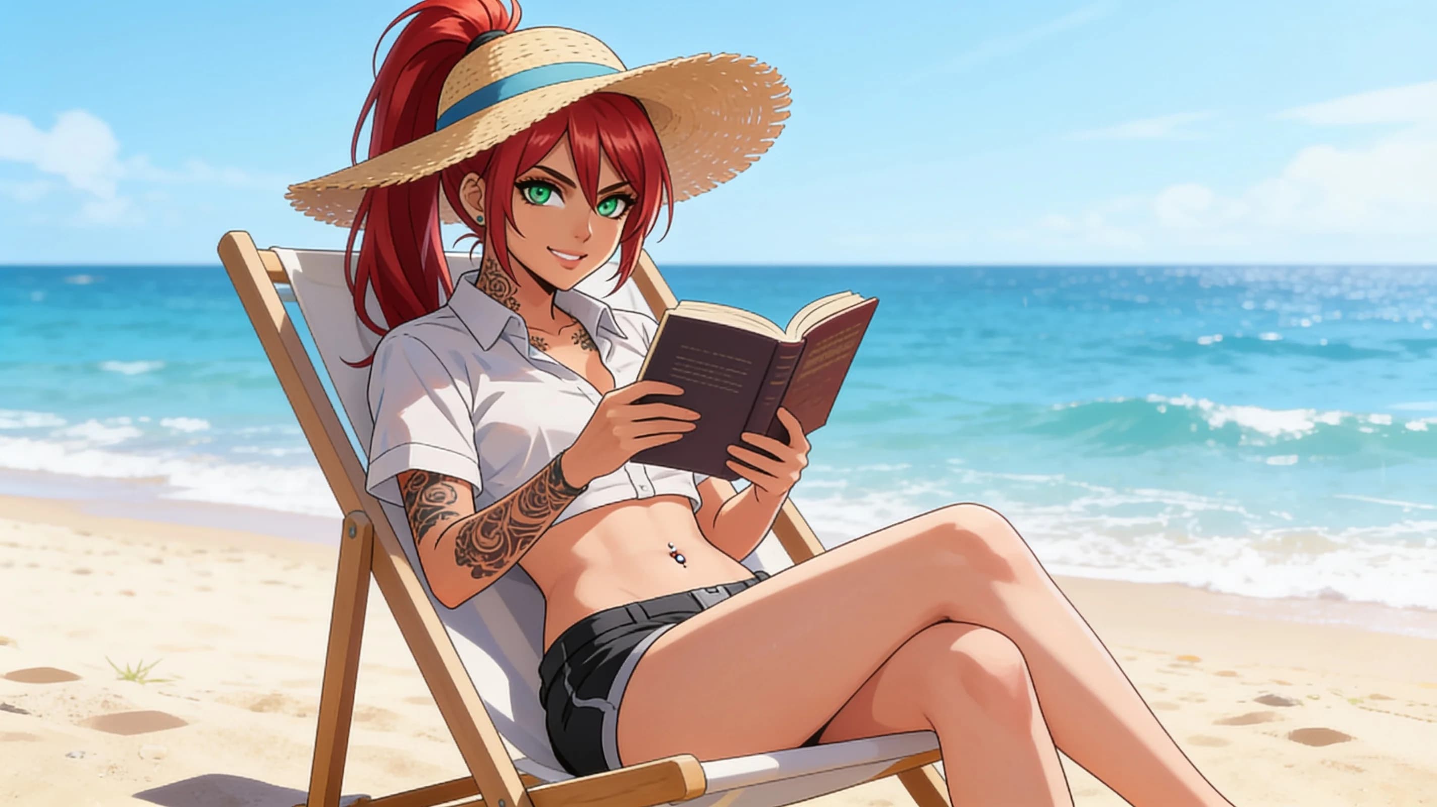 A 21-year-old Asian woman with red ponytail hair, green eyes, fit toned body, visible tattoos and belly piercings, standing confidently on a sunny beach beside a beach lounger while tanning, wearing a stylish bikini top under a cropped shirt and short black tennis skirt with a fashionable mini skirt layered, full body shot from front eye-level angle, intense direct eye contact with the viewer and a bright warm smile with lips gently parted, relaxed confident pose with weight on one leg, bright golden sunlight casting soft shadows across her skin with a light sheen of oil, vibrant beach background with ocean waves, Flawless anatomy, no extra digits, no extra limbs, realistic skin texture, high-detail., wearing a light flowy summer dress, wearing a stylish bikini on the beach, wearing a fashionable mini skirt, standing confidently, full body shot, working out at the gym, athletic activity, tanning on a beach lounger, on a sunny beach with ocean waves, in a beautiful garden with flowers