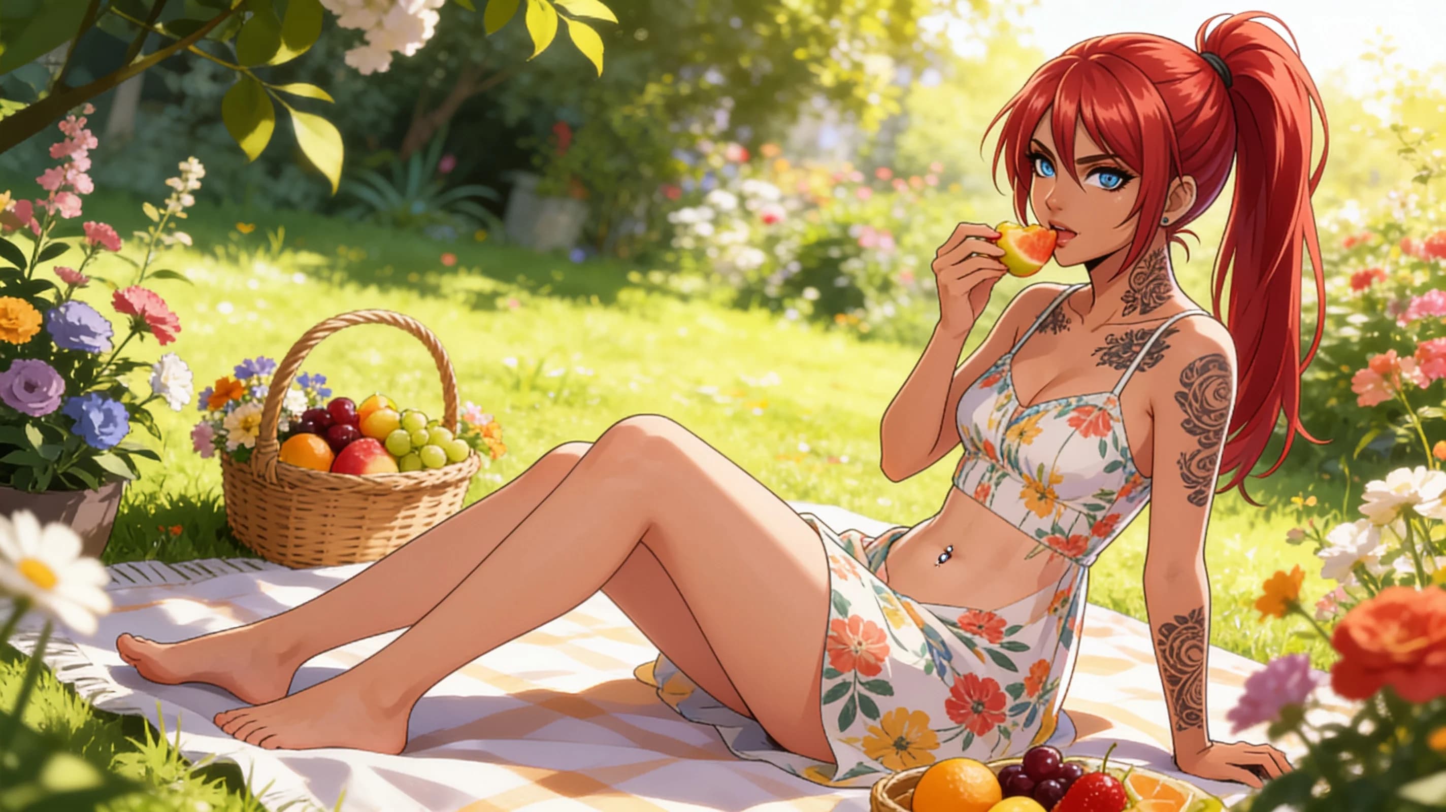 A 21-year-old Asian woman with red ponytail hair, green eyes, fit toned body, visible tattoos and belly piercings, standing confidently on a sunny beach beside a beach lounger while tanning, wearing a stylish bikini top under a cropped shirt and short black tennis skirt with a fashionable mini skirt layered, full body shot from front eye-level angle, intense direct eye contact with the viewer and a bright warm smile with lips gently parted, relaxed confident pose with weight on one leg, bright golden sunlight casting soft shadows across her skin with a light sheen of oil, vibrant beach background with ocean waves, Flawless anatomy, no extra digits, no extra limbs, realistic skin texture, high-detail., wearing a light flowy summer dress, wearing a stylish bikini on the beach, wearing a fashionable mini skirt, standing confidently, full body shot, working out at the gym, athletic activity, tanning on a beach lounger, on a sunny beach with ocean waves, in a beautiful garden with flowers
