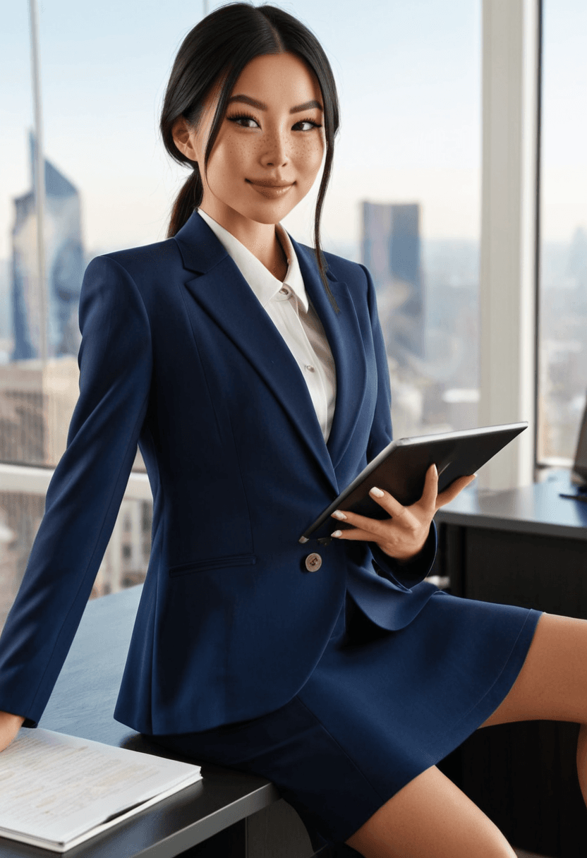 Confident businesswoman in tailored navy blue power suit, sitting at executive desk in modern corner office, city skyline view through floor-to-ceiling windows, professional headshot style, warm smile, holding tablet, sophisticated makeup and styled hair