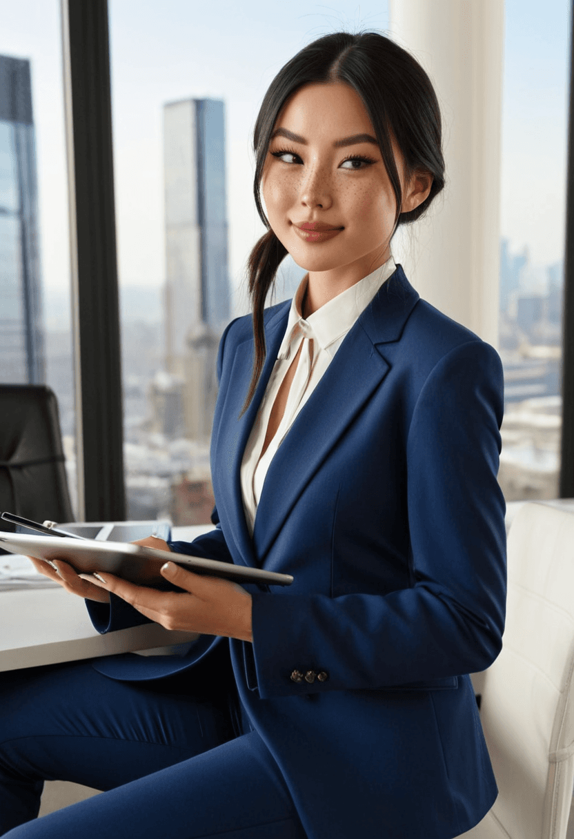 Confident businesswoman in tailored navy blue power suit, sitting at executive desk in modern corner office, city skyline view through floor-to-ceiling windows, professional headshot style, warm smile, holding tablet, sophisticated makeup and styled hair