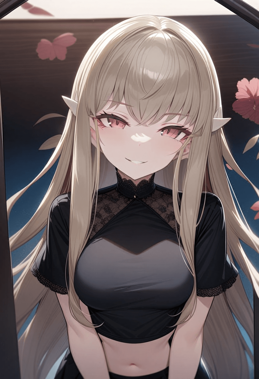 Wearing short black tennis skirt and a crop top shirt, portrait picture, looking at the viewer with a smile