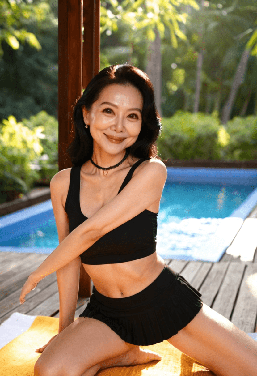 Wearing short black tennis skirt and a crop top shirt, portrait picture, looking at the viewer with a smile, squatting position, athletic pose, kneeling pose, elegant position, wearing a fashionable choker, in a cozy bedroom setting looking eat her shit, sitting casually, relaxed pose, working out at the gym, athletic activity, wearing beautiful earrings, wearing an elegant necklace, in a lush green forest, tanning on a beach lounger, swimming in clear blue water