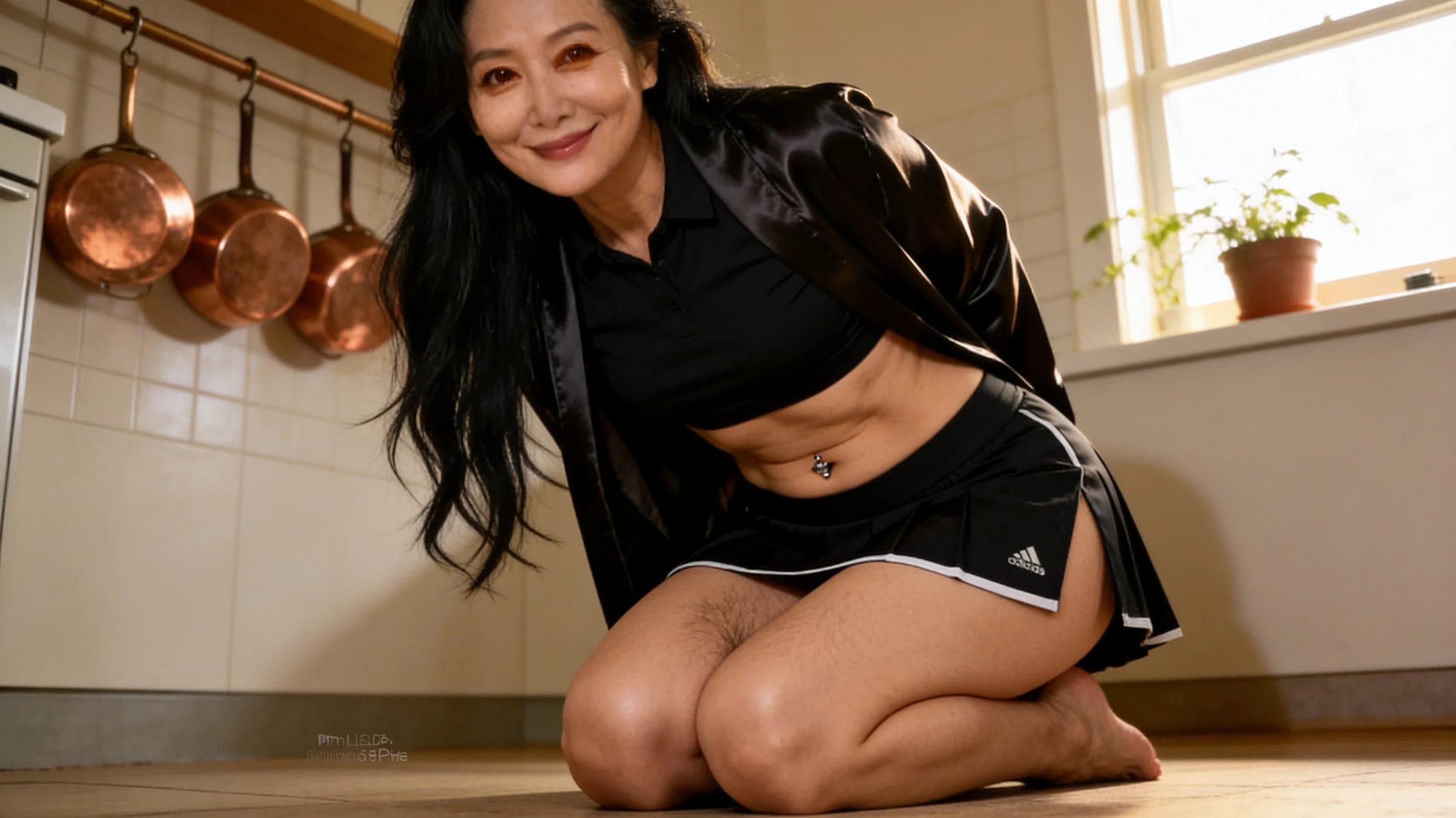 47-year-old Asian woman with long black hair, brown eyes and skinny body type, wearing a short black tennis skirt and tight crop top shirt partially covered by an open luxurious satin robe, kneeling elegantly on the floor in a graceful upright pose with knees together and back arched, belly piercings visible on her toned midriff, short skirt riding up to reveal natural pubic hair, direct eye contact with the viewer and a gentle smile, close-up portrait from a low front angle, soft cinematic lighting highlighting skin texture and fabric sheen, nsfw, explicit anatomical detail with visible pubic hair and body tension, Flawless anatomy, no extra digits, no extra limbs, realistic skin texture, high-detail.