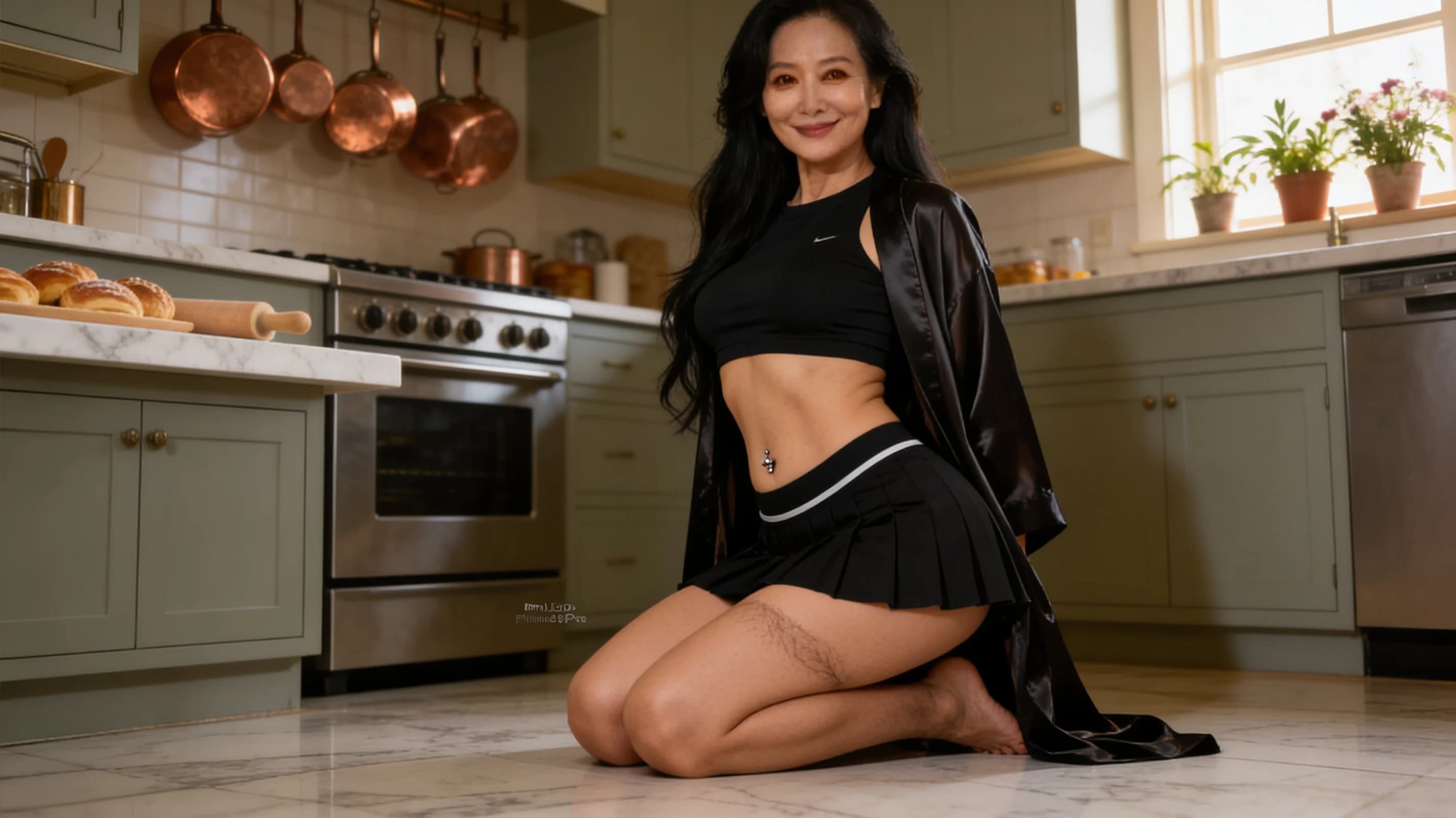47-year-old Asian woman with long black hair, brown eyes and skinny body type, wearing a short black tennis skirt and tight crop top shirt partially covered by an open luxurious satin robe, kneeling elegantly on the floor in a graceful upright pose with knees together and back arched, belly piercings visible on her toned midriff, short skirt riding up to reveal natural pubic hair, direct eye contact with the viewer and a gentle smile, close-up portrait from a low front angle, soft cinematic lighting highlighting skin texture and fabric sheen, nsfw, explicit anatomical detail with visible pubic hair and body tension, Flawless anatomy, no extra digits, no extra limbs, realistic skin texture, high-detail.