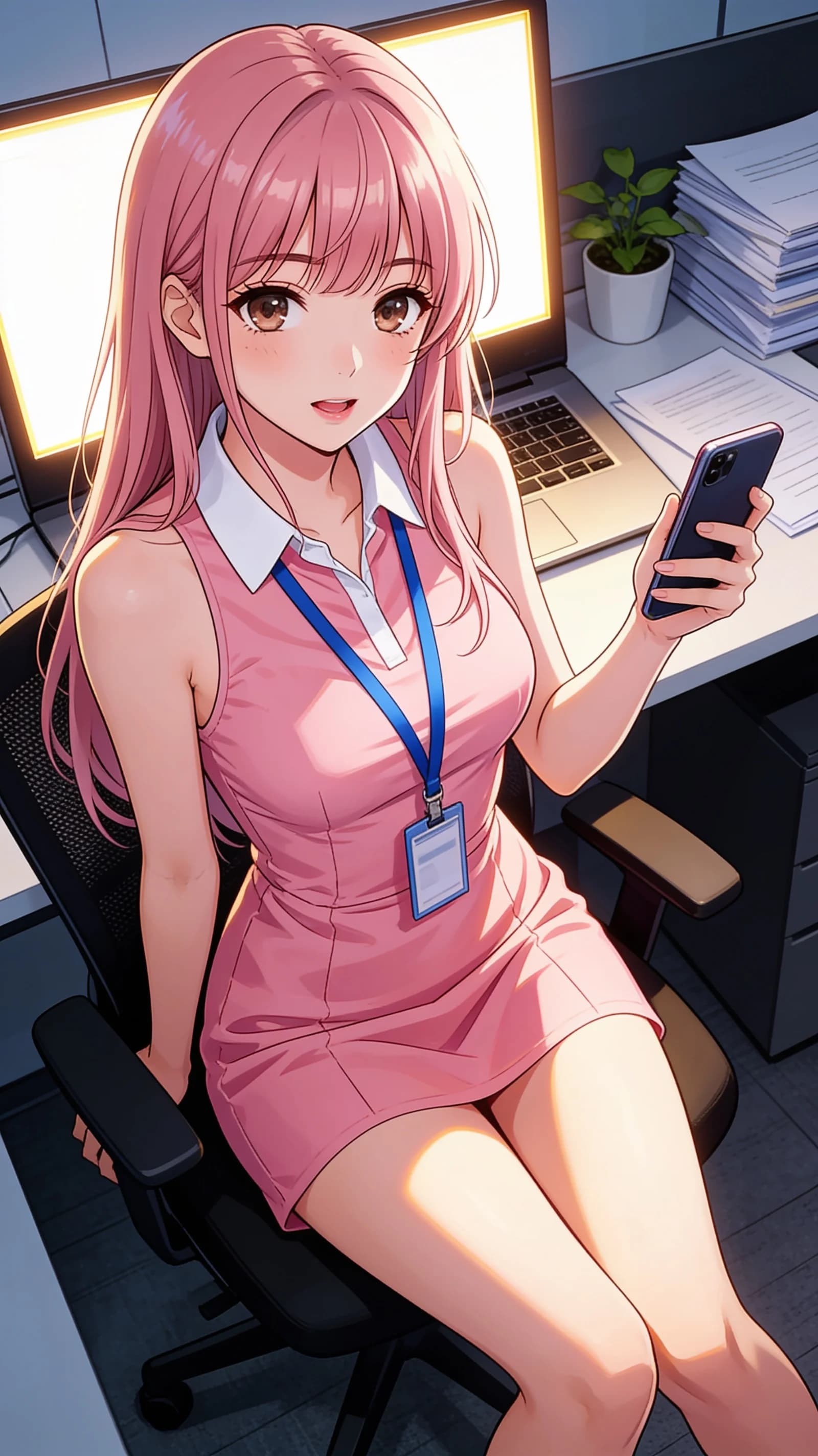 anime style, 2D cel-shaded anime illustration, anime key visual, flat cel shading, clean bold line art, vibrant saturated colors, large detailed expressive anime eyes with crisp catchlights, flat 2D rendering, not photorealistic, not 3D render, 23-year-old Asian woman with skinny body, pink hair with bangs, brown eyes, cheerful female web marketer sitting casually in a relaxed pose in a modern office setting, wearing a pink one-piece dress with white collar and blue lanyard, holding a smartphone, trendy bright aura, legs slightly parted while leaning forward intently, vertical 9:16 portrait composition with character centered and filling the frame from head to mid-thigh, medium close-up three-quarter front angle, intense direct eye contact with charming focused determination and lips parted, soft monitor glow mixed with warm rim lighting highlighting her skinny legs and dress folds, detailed anime cel shading, crisp clean linework, correct anatomy, hands cleanly drawn with five fingers, studio-quality anime key visual; avoid: photorealistic, 3D render, extra fingers, deformed hands, blurry, low detail.