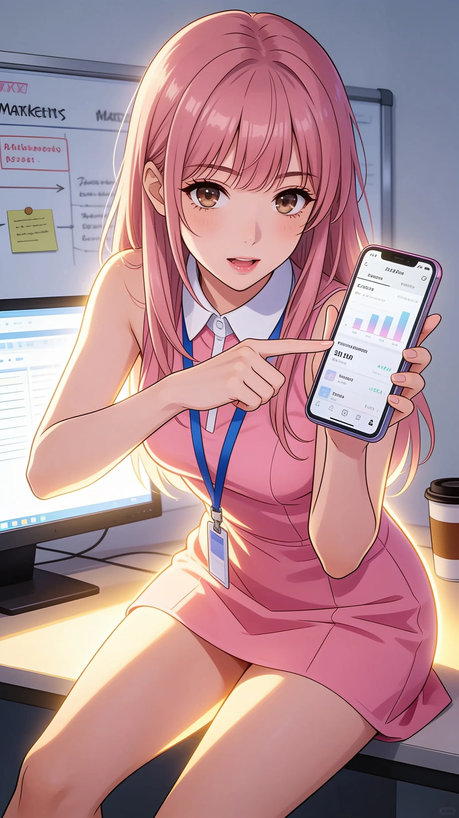 anime style, 2D cel-shaded anime illustration, anime key visual, flat cel shading, clean bold line art, vibrant saturated colors, large detailed expressive anime eyes with crisp catchlights, flat 2D rendering, not photorealistic, not 3D render, 23-year-old Asian woman with skinny body, pink hair with bangs, brown eyes, cheerful female web marketer sitting casually in a relaxed pose in a modern office setting, wearing a pink one-piece dress with white collar and blue lanyard, holding a smartphone, trendy bright aura, legs slightly parted while leaning forward intently, vertical 9:16 portrait composition with character centered and filling the frame from head to mid-thigh, medium close-up three-quarter front angle, intense direct eye contact with charming focused determination and lips parted, soft monitor glow mixed with warm rim lighting highlighting her skinny legs and dress folds, detailed anime cel shading, crisp clean linework, correct anatomy, hands cleanly drawn with five fingers, studio-quality anime key visual; avoid: photorealistic, 3D render, extra fingers, deformed hands, blurry, low detail.