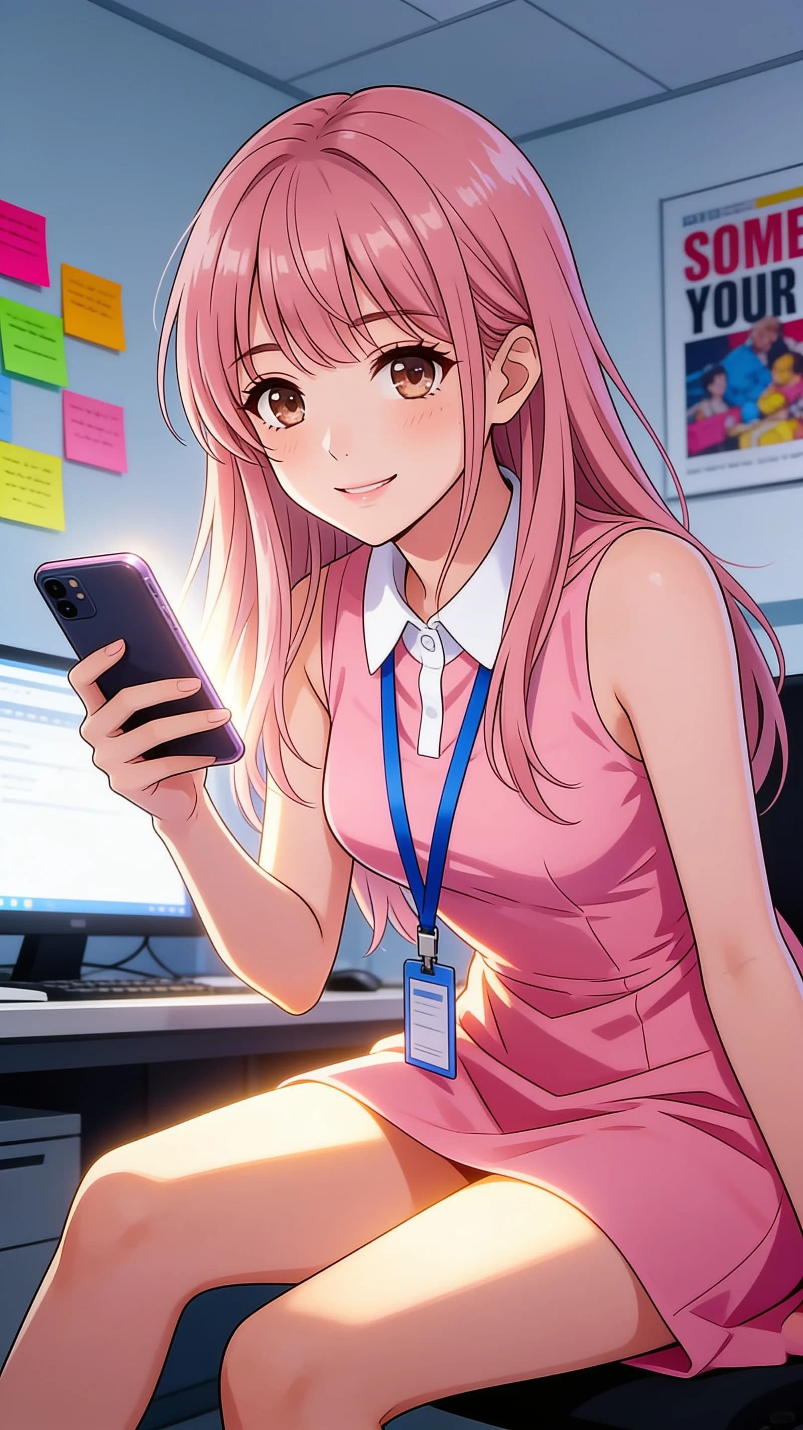 anime style, 2D cel-shaded anime illustration, anime key visual, flat cel shading, clean bold line art, vibrant saturated colors, large detailed expressive anime eyes with crisp catchlights, flat 2D rendering, not photorealistic, not 3D render, 23-year-old Asian woman with skinny body, pink hair with bangs, brown eyes, cheerful female web marketer sitting casually in a relaxed pose in a modern office setting, wearing a pink one-piece dress with white collar and blue lanyard, holding a smartphone, trendy bright aura, legs slightly parted while leaning forward intently, vertical 9:16 portrait composition with character centered and filling the frame from head to mid-thigh, medium close-up three-quarter front angle, intense direct eye contact with charming focused determination and lips parted, soft monitor glow mixed with warm rim lighting highlighting her skinny legs and dress folds, detailed anime cel shading, crisp clean linework, correct anatomy, hands cleanly drawn with five fingers, studio-quality anime key visual; avoid: photorealistic, 3D render, extra fingers, deformed hands, blurry, low detail.
