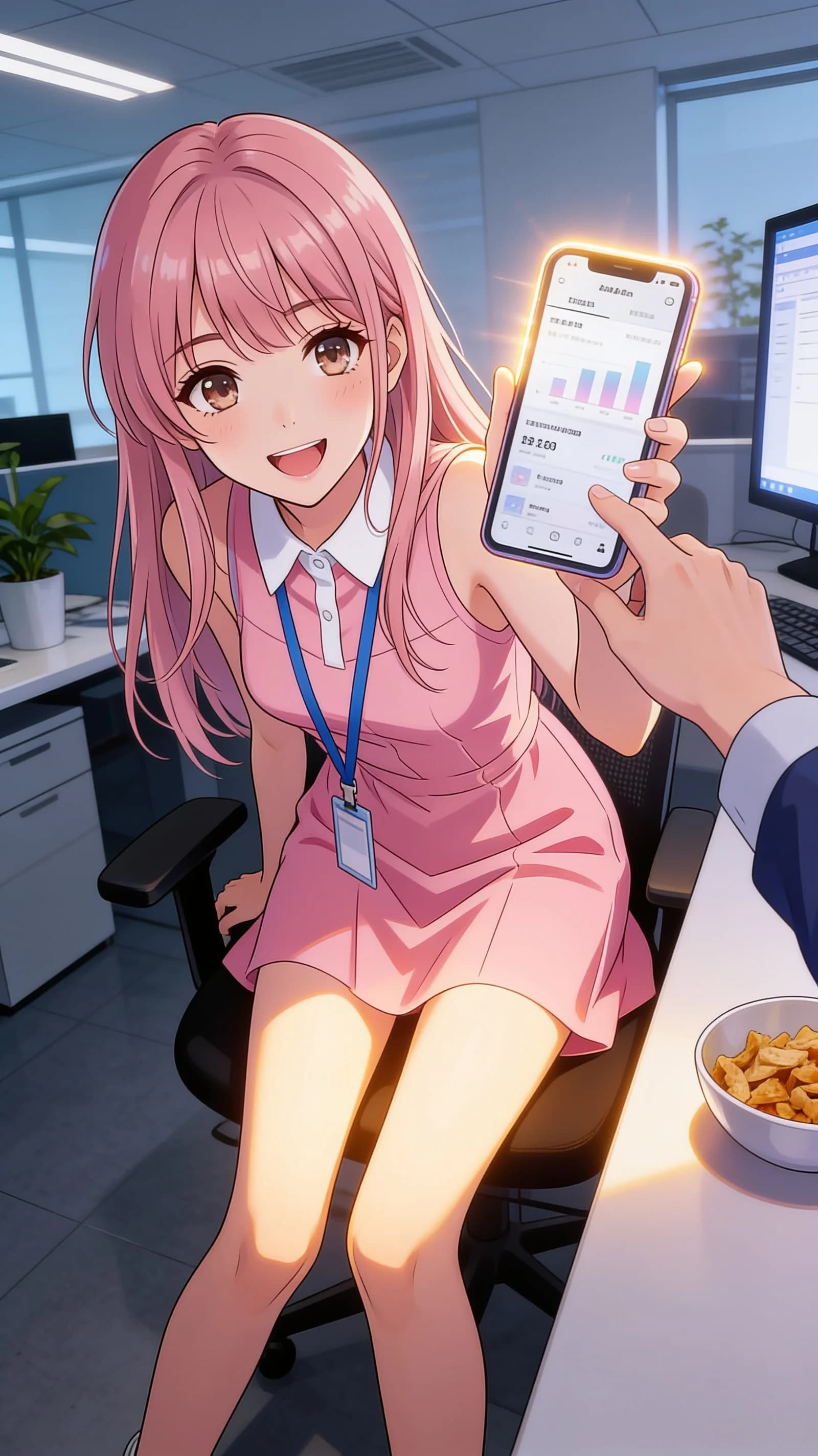 anime style, 2D cel-shaded anime illustration, anime key visual, flat cel shading, clean bold line art, vibrant saturated colors, large detailed expressive anime eyes with crisp catchlights, flat 2D rendering, not photorealistic, not 3D render, 23-year-old Asian woman with skinny body, pink hair with bangs, brown eyes, cheerful female web marketer sitting casually in a relaxed pose in a modern office setting, wearing a pink one-piece dress with white collar and blue lanyard, holding a smartphone, trendy bright aura, legs slightly parted while leaning forward intently, vertical 9:16 portrait composition with character centered and filling the frame from head to mid-thigh, medium close-up three-quarter front angle, intense direct eye contact with charming focused determination and lips parted, soft monitor glow mixed with warm rim lighting highlighting her skinny legs and dress folds, detailed anime cel shading, crisp clean linework, correct anatomy, hands cleanly drawn with five fingers, studio-quality anime key visual; avoid: photorealistic, 3D render, extra fingers, deformed hands, blurry, low detail.