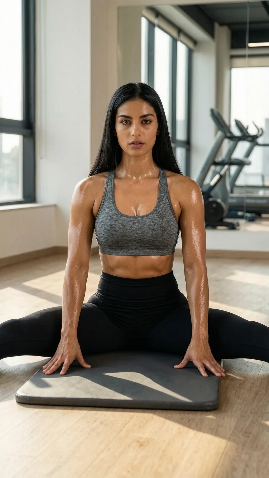A 24-year-old Arabic woman with muscular build, straight black hair, and brown eyes performing a perfect side splits pose on a padded gym mat in a sunlit modern fitness studio, wearing a tight gray sports bra and black high-waisted compression leggings that hug her powerful thighs and defined abs, legs stretched fully outward to each side with extreme flexibility and visible muscle tension, torso upright and balanced with hands resting on the floor for support, captured from a front medium close-up angle at eye level, intense direct eye contact with focused athletic determination and lips parted, sweat sheen on her skin highlighting her sculpted physique with glistening highlights on flexed muscles and smooth skin texture, realistic style, Flawless anatomy, no extra digits, no extra limbs, realistic skin texture, high-detail.