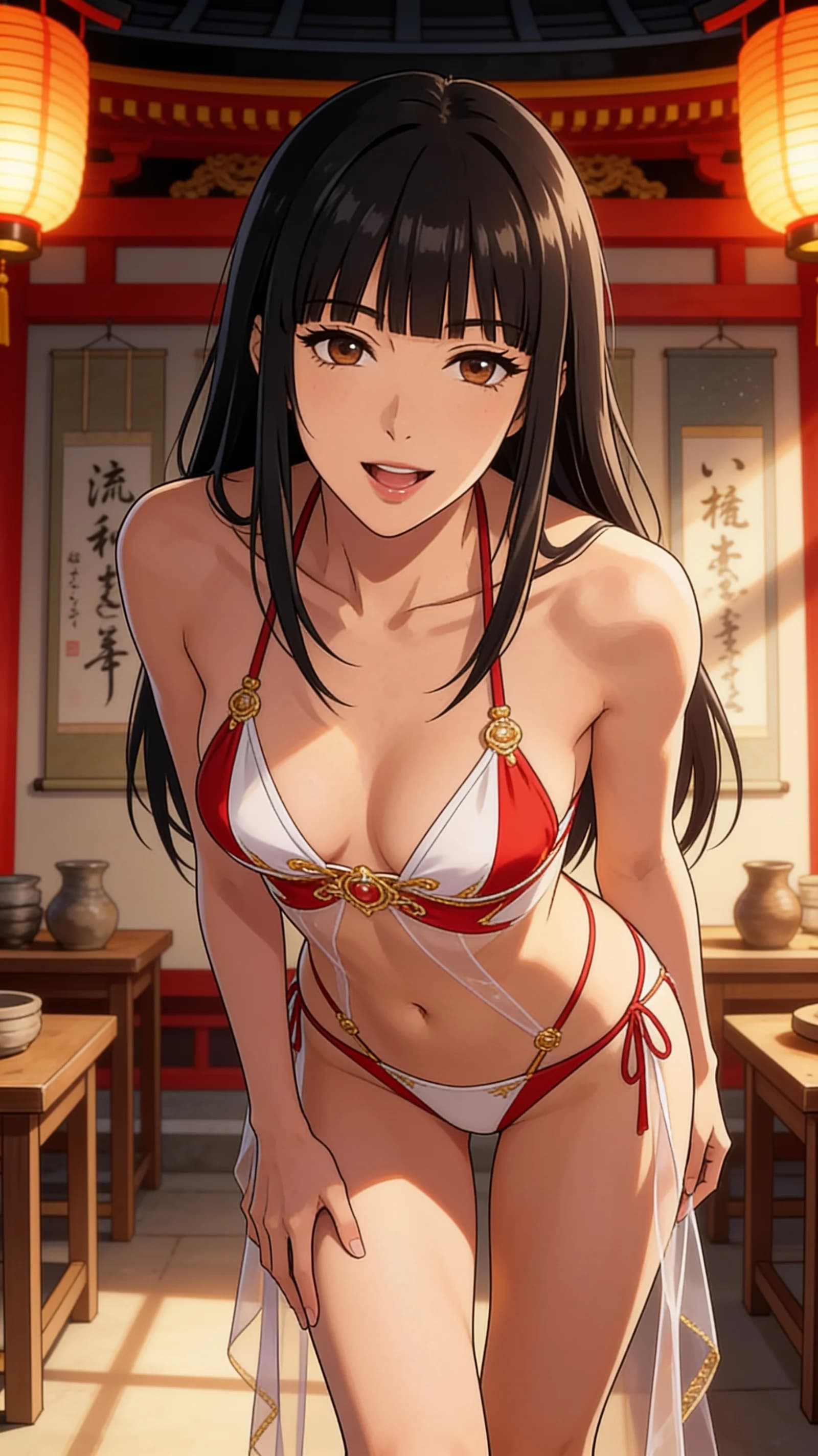 anime style, 2D cel-shaded anime illustration, anime key visual, flat cel shading, clean bold line art, vibrant saturated colors, large detailed expressive anime eyes with crisp catchlights, flat 2D rendering, not photorealistic, not 3D render, 35-year-old Asian woman, skinny body type, black hair with bangs, brown eyes, wearing a revealing miko cosplay micro bikini in red and white with erotic decorative gold accents and sheer fabric strips barely covering her breasts and crotch, pubic hair prominently visible, seductive standing pose with hips tilted forward and hands lightly touching her thighs, vertical 9:16 portrait composition centered on the character from head to mid-thigh, front angle medium close-up, intense direct eye contact with seductive lust and parted lips, soft dramatic shrine lantern lighting casting warm highlights and gentle shadows across her skin, detailed anime cel shading, crisp clean linework, correct anatomy, hands cleanly drawn with five fingers, studio-quality anime key visual; avoid: photorealistic, 3D render, extra fingers, deformed hands, blurry, low detail.