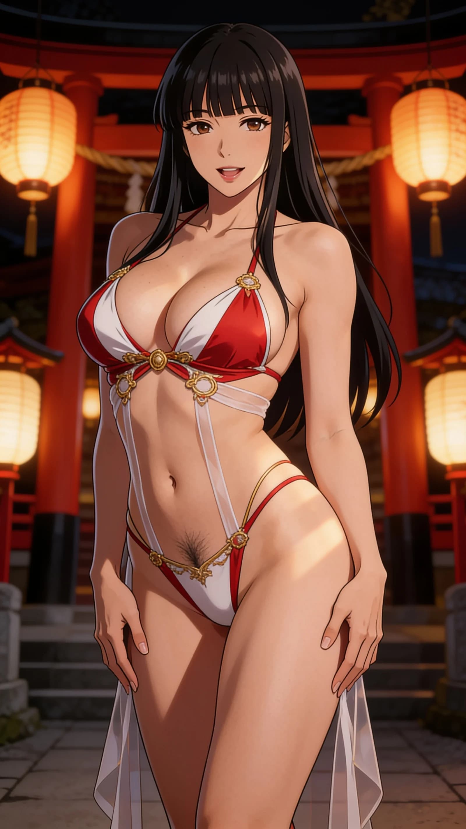anime style, 2D cel-shaded anime illustration, anime key visual, flat cel shading, clean bold line art, vibrant saturated colors, large detailed expressive anime eyes with crisp catchlights, flat 2D rendering, not photorealistic, not 3D render, 35-year-old Asian woman, glamorous skinny body type with huge breasts, black hair with bangs, brown eyes, wearing a revealing miko cosplay micro bikini in red and white with erotic decorative gold accents and sheer fabric strips barely covering her breasts and crotch, pubic hair prominently visible, seductive standing pose with hips tilted forward and hands lightly touching her thighs, vertical 9:16 portrait composition centered on the character from head to mid-thigh, front angle medium close-up, intense direct eye contact with seductive lust and parted lips, soft dramatic shrine lantern lighting casting warm highlights and gentle shadows across her skin, detailed anime cel shading, crisp clean linework, correct anatomy, hands cleanly drawn with five fingers, studio-quality anime key visual; avoid: photorealistic, 3D render, extra fingers, deformed hands, blurry, low detail.