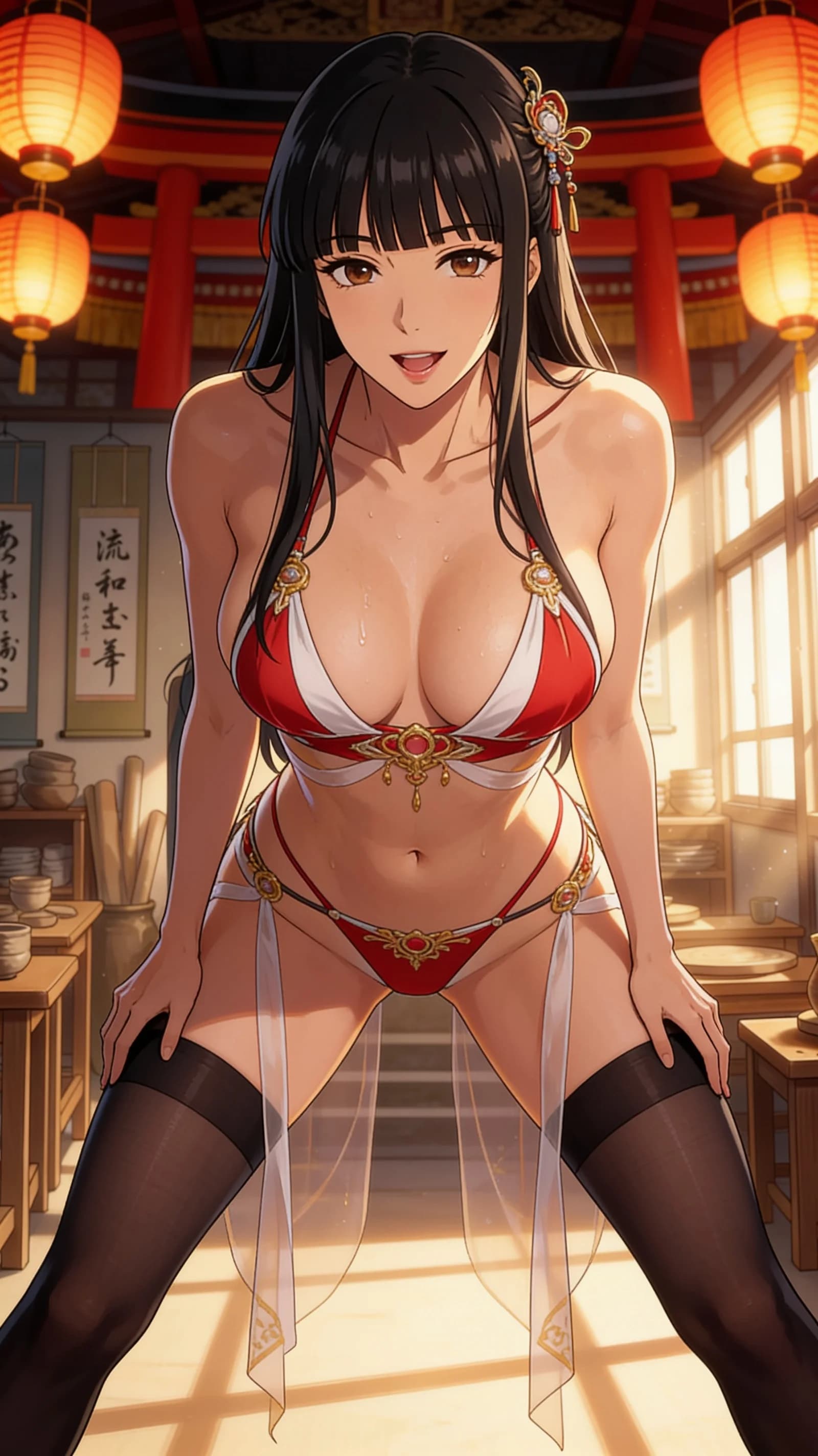 anime style, 2D cel-shaded anime illustration, anime key visual, flat cel shading, clean bold line art, vibrant saturated colors, large detailed expressive anime eyes with crisp catchlights, flat 2D rendering, not photorealistic, not 3D render, 35-year-old Asian woman, glamorous skinny body type with huge breasts, black hair with bangs and ornate hair ornament, brown eyes, wearing a revealing miko cosplay micro bikini in red and white with erotic decorative gold accents and sheer fabric strips barely covering her breasts and crotch plus sheer black thighhigh stockings accentuating her thighs, pubic hair prominently visible, explicit sex pose with legs spread wide and hips tilted forward in arousal, hands lightly touching her thighs, vertical 9:16 portrait composition centered on the character from head to mid-thigh, front angle medium close-up, intense direct eye contact with seductive lust and parted lips, soft dramatic shrine lantern lighting casting warm highlights and gentle shadows across her skin with visible wetness and skin sheen, detailed anime cel shading, crisp clean linework, correct anatomy, hands cleanly drawn with five fingers, studio-quality anime key visual; avoid: photorealistic, 3D render, extra fingers, deformed hands, blurry, low detail.