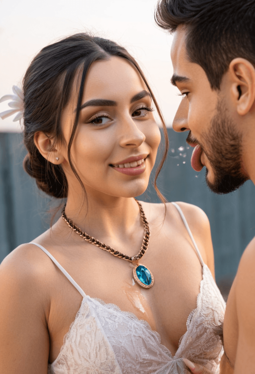 No wearing,scared,innocent,immoral,eye contact,hairy,sweaty,dirty,crying, wearing an elegant necklace,blowjob,tongue,spit