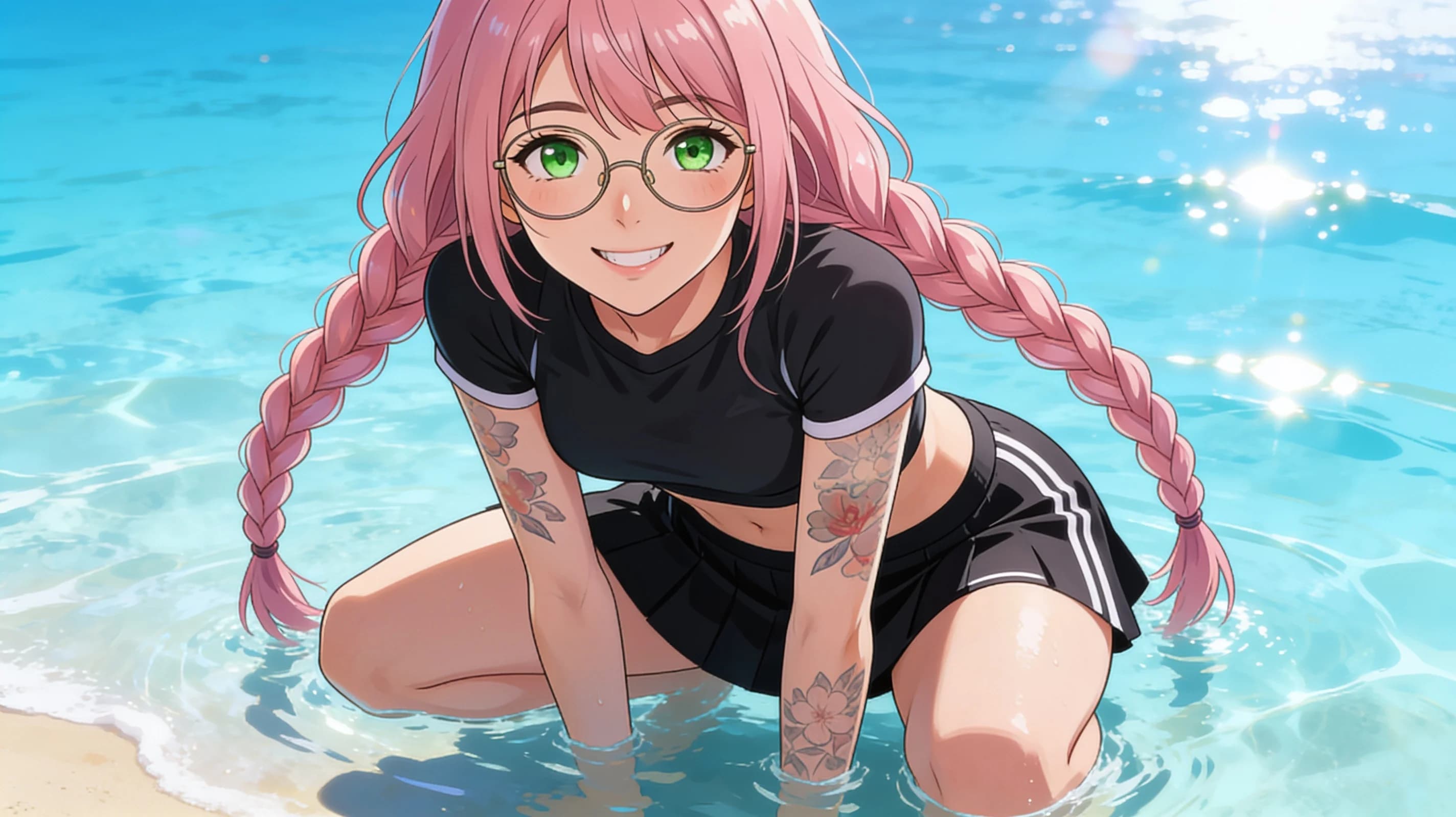 21-year-old skinny Asian woman with pink braids, green eyes behind glasses, artistic tattoos across her visible skin and a slim athletic build stands in squatting athletic pose wearing a short black tennis skirt and tight crop top shirt on a sunny beach, squatting in shallow clear blue ocean water with waves lapping around her legs, front-facing medium close-up portrait POV at eye level with direct intense eye contact and bright smiling expression, vibrant sunny beach lighting with sparkling water reflections and natural clothing folds, skin sheen from sunlight, anime style, high-quality illustration. Flawless anatomy, no extra digits, no extra limbs, detailed anime shading, high-quality illustration.