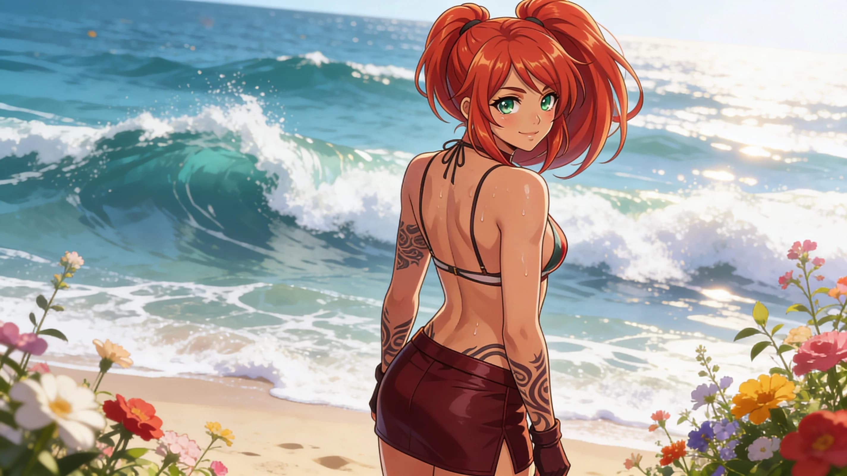 A 21-year-old Arabic woman with red hair in a ponytail, green eyes, fit body type and radiant skin, artistic tattoos visible across her arms and shoulders, belly piercings and nipple piercings, squatting in an athletic stretching pose with graceful body tension and subtle muscle flexion on a sunny beach in a beautiful garden with flowers and ocean waves, wearing a stylish revealing bikini that clings to her slim figure with visible fabric texture and subtle skin contact plus an elegant necklace, fashionable choker and a fashionable mini skirt, full body frontal shot from eye-level camera angle with intense direct eye contact and seductive gaze, relaxed elegant pose with subtle athletic grace, soft natural daylight highlighting her features and creating gentle skin sheen with sweat drops and blush marks, joyful energetic mood, anime style, high-quality illustration. Flawless anatomy, no extra digits, no extra limbs, detailed anime shading, high-quality illustration.