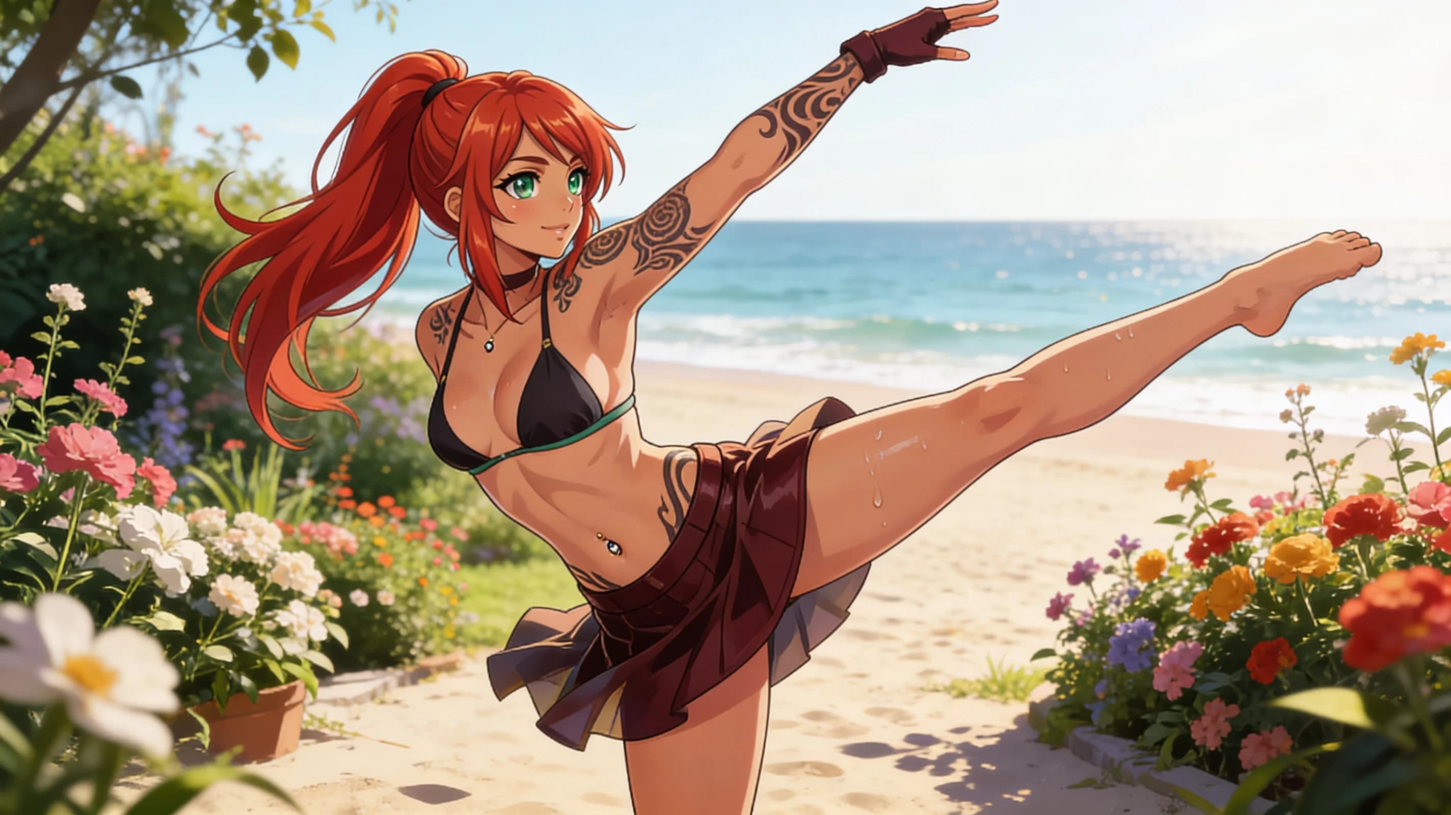 A 21-year-old Arabic woman with red hair in a ponytail, green eyes, fit body type and radiant skin, artistic tattoos visible across her arms and shoulders, belly piercings and nipple piercings, squatting in an athletic stretching pose with graceful body tension and subtle muscle flexion on a sunny beach in a beautiful garden with flowers and ocean waves, wearing a stylish revealing bikini that clings to her slim figure with visible fabric texture and subtle skin contact plus an elegant necklace, fashionable choker and a fashionable mini skirt, full body frontal shot from eye-level camera angle with intense direct eye contact and seductive gaze, relaxed elegant pose with subtle athletic grace, soft natural daylight highlighting her features and creating gentle skin sheen with sweat drops and blush marks, joyful energetic mood, anime style, high-quality illustration. Flawless anatomy, no extra digits, no extra limbs, detailed anime shading, high-quality illustration.