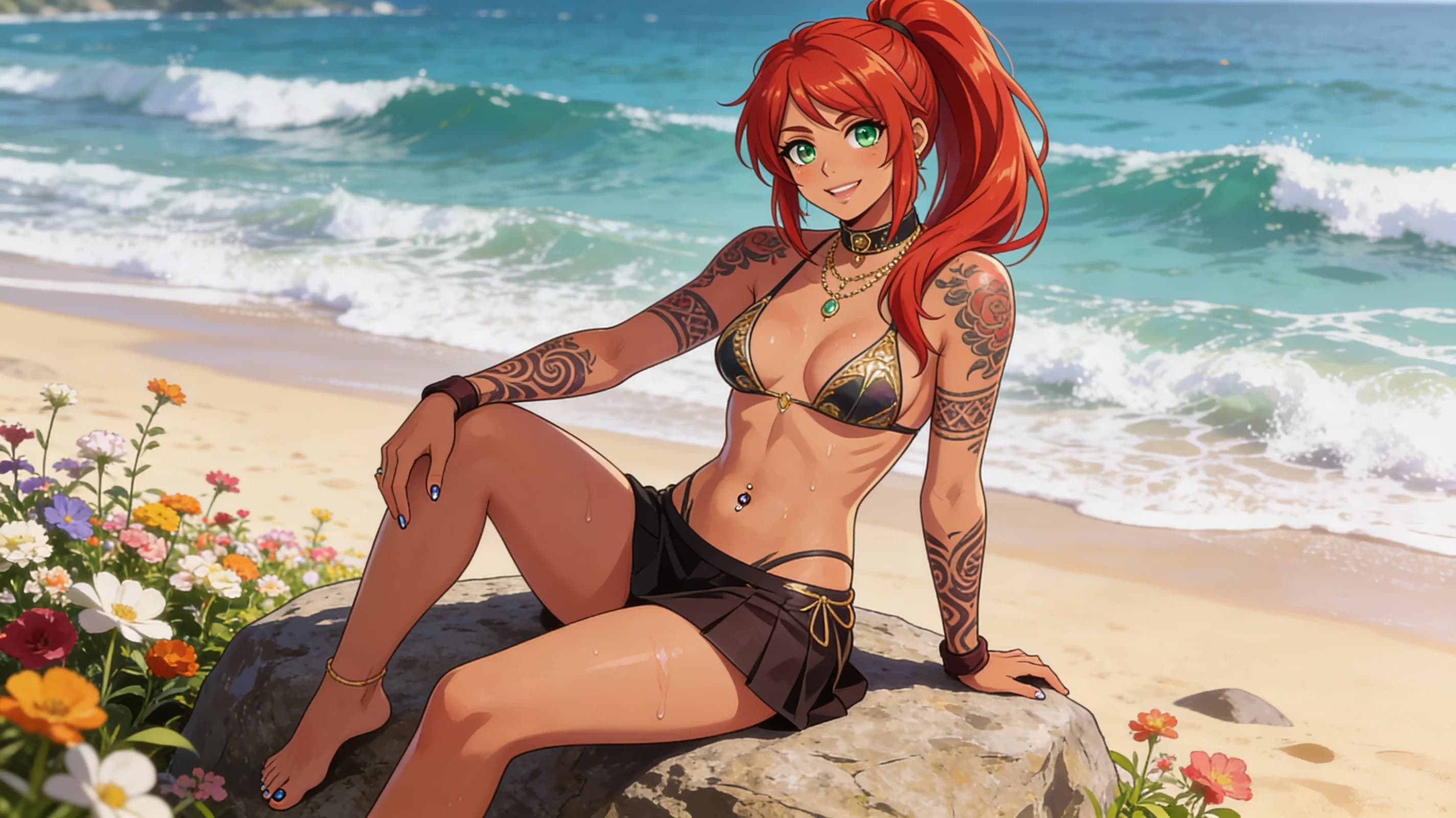 A 21-year-old Arabic woman with red hair in a ponytail, green eyes, fit body type and radiant skin, artistic tattoos visible across her arms and shoulders, belly piercings and nipple piercings, squatting in an athletic stretching pose with graceful body tension and subtle muscle flexion on a sunny beach in a beautiful garden with flowers and ocean waves, wearing a stylish revealing bikini that clings to her slim figure with visible fabric texture and subtle skin contact plus an elegant necklace, fashionable choker and a fashionable mini skirt, full body frontal shot from eye-level camera angle with intense direct eye contact and seductive gaze, relaxed elegant pose with subtle athletic grace, soft natural daylight highlighting her features and creating gentle skin sheen with sweat drops and blush marks, joyful energetic mood, anime style, high-quality illustration. Flawless anatomy, no extra digits, no extra limbs, detailed anime shading, high-quality illustration.