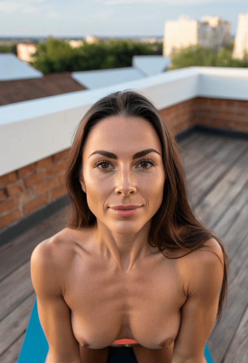 CyberRealistic SDXL, first-person POV close-up of 35-year-old Caucasian woman Maria French, sexy yoga instructor with full lips wrapped around thick erect cock, sultry brown eyes looking up seductively, long brunette hair falling over shoulders, toned athletic body kneeling nude with perky C-cup breasts visible in a casual setting—perhaps a quiet park or rooftop terrace.
