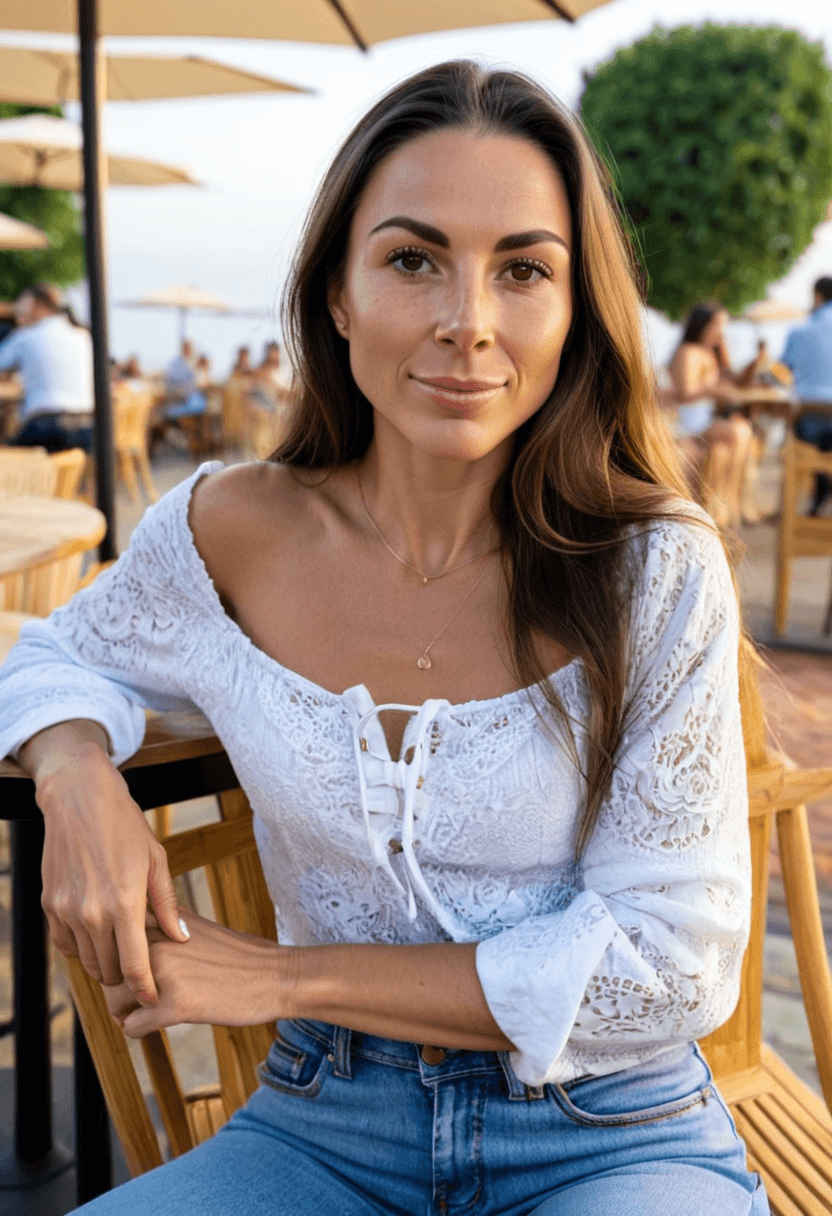 wearing fitted blue jeans, sitting casually, relaxed pose, diningat an open air cafe