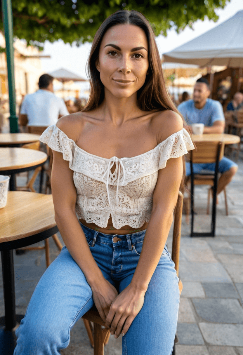 wearing fitted blue jeans, sitting casually, relaxed pose, diningat an open air cafe