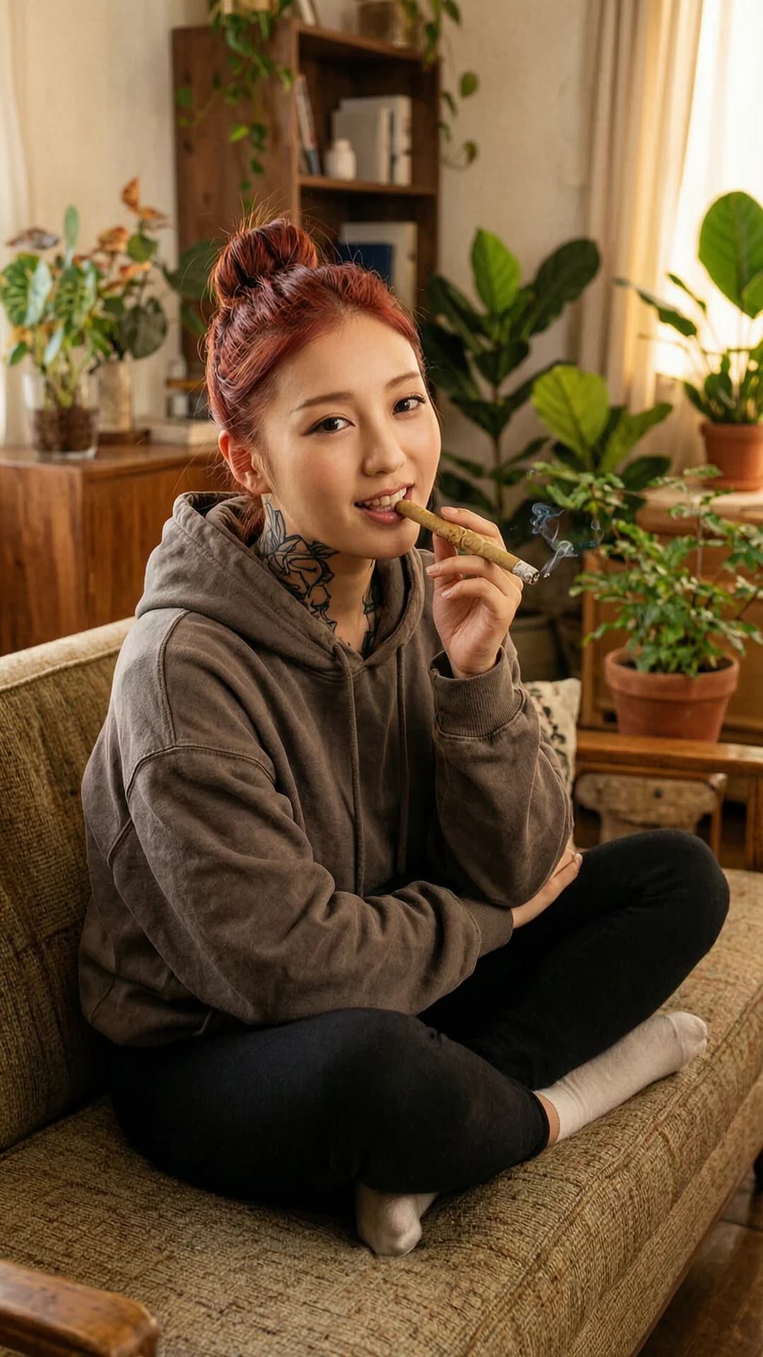 A 21-year-old Asian woman with a muscular build, red hair tied in a bun, brown eyes, and visible tattoos casually hanging out while smiling warmly in a cozy apartment featuring lush plants, warm wood accents, and retro furniture, wearing an oversized Baja hoodie, holding a lit blunt to her lips with one hand, relaxed seated pose with legs crossed on a vintage couch, soft warm ambient lighting casting gentle shadows, medium close-up from a slight three-quarter angle, direct eye contact with a relaxed friendly smile and lips gently parted around the blunt, cinematic mood of casual comfort, Flawless anatomy, no extra digits, no extra limbs, realistic skin texture, high-detail.