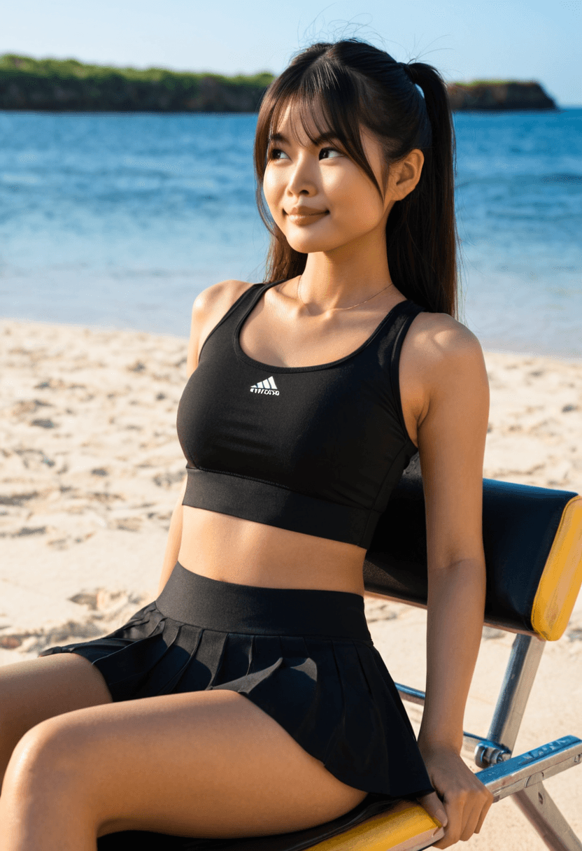 Wearing short black tennis skirt and a crop top shirt, portrait picture, looking at the viewer with a smile, tanning on a beach lounger, working out at the gym, athletic activity, swimming in clear blue water