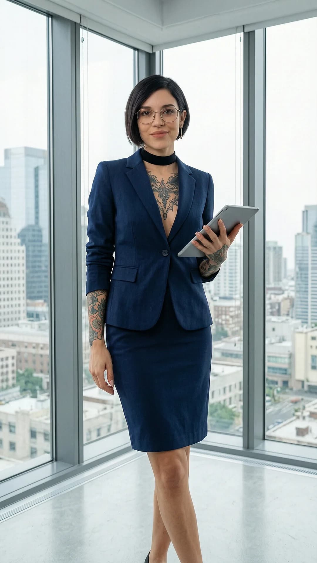 A 24-year-old caucasian woman with short black hair, brown eyes, skinny body type, wearing thin-framed glasses, visible belly piercings and intricate tattoos on her arms and torso, dressed in a tailored navy blue power suit with an elegant knee-length skirt and a fashionable choker, standing confidently in a full body shot inside a modern corner office with city skyline visible through floor-to-ceiling windows, professional headshot style composition adapted to full body, holding a tablet in one hand, sophisticated makeup, warm confident smile, direct intense eye contact with the viewer conveying poised authority and subtle warmth, sophisticated styled short hair, realistic style, medium full-body frontal camera angle with soft natural lighting from the windows, Flawless anatomy, no extra digits, no extra limbs, realistic skin texture, high-detail.