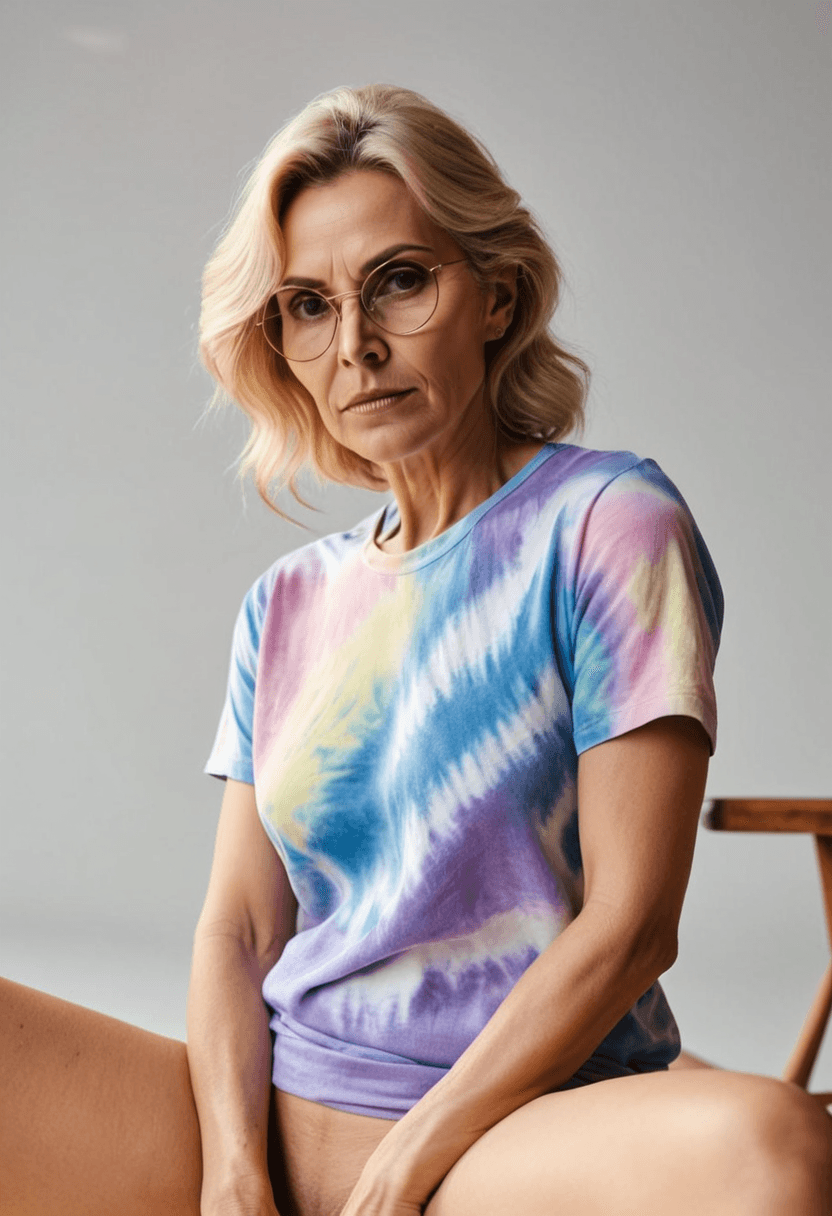 Wearing tye dye shirt and no underwear. Messy hair., sitting casually, relaxed pose, wearing stylish glasses
