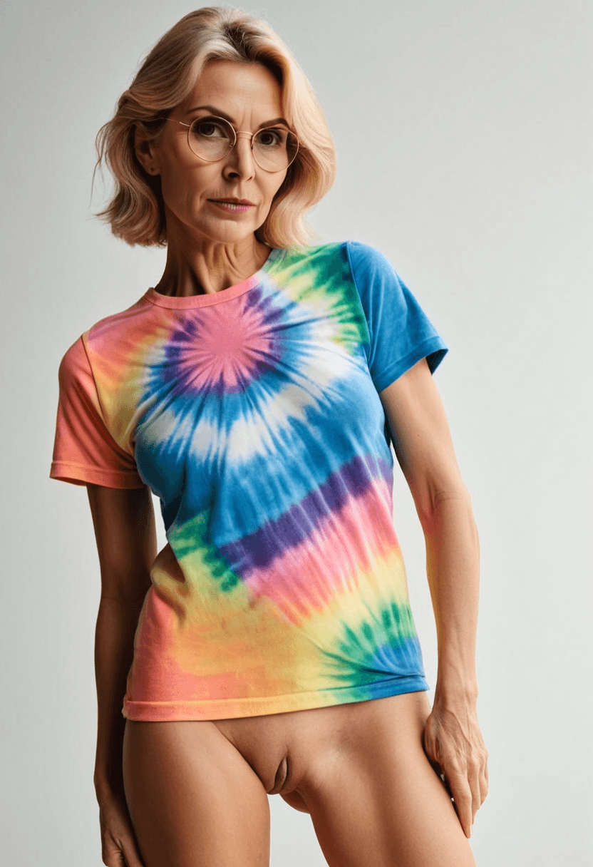 short tye dye shirt, bottomless, bends over, farts