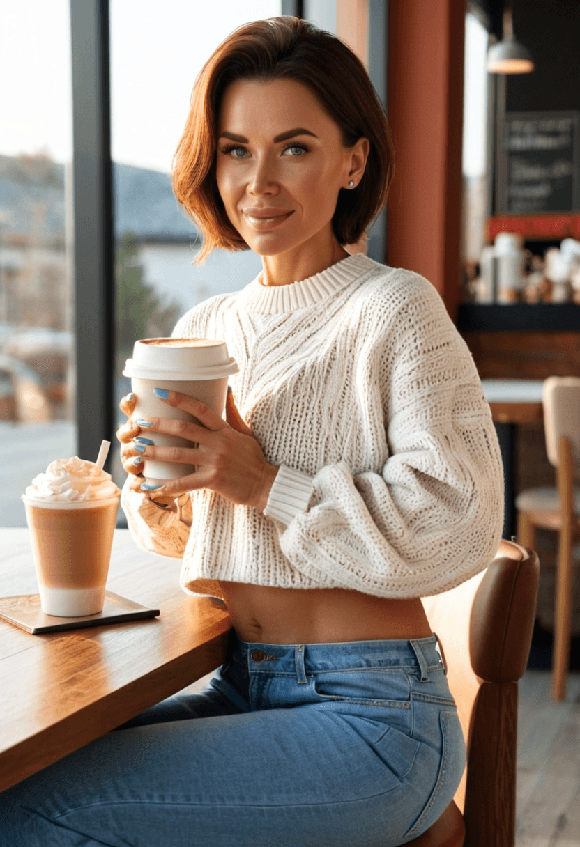 42-year-old caucasian woman, muscular body, athletic butt, silicone breasts, relaxed pose sitting in trendy coffee shop, wearing fitted jeans and cozy oversized sweater, holding latte in one hand and book in the other, genuine laughing expression, natural sunlight through large windows, warm autumn colors, casual lifestyle photography, comfortable and approachable vibe, full body view, realistic style, highly detailed, photorealistic, cyberrealistic sdxl