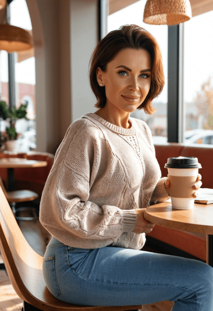 42-year-old caucasian woman, muscular body, athletic butt, silicone breasts, relaxed pose sitting in trendy coffee shop, wearing fitted jeans and cozy oversized sweater, holding latte in one hand and book in the other, genuine laughing expression, natural sunlight through large windows, warm autumn colors, casual lifestyle photography, comfortable and approachable vibe, full body view, realistic style, highly detailed, photorealistic, cyberrealistic sdxl