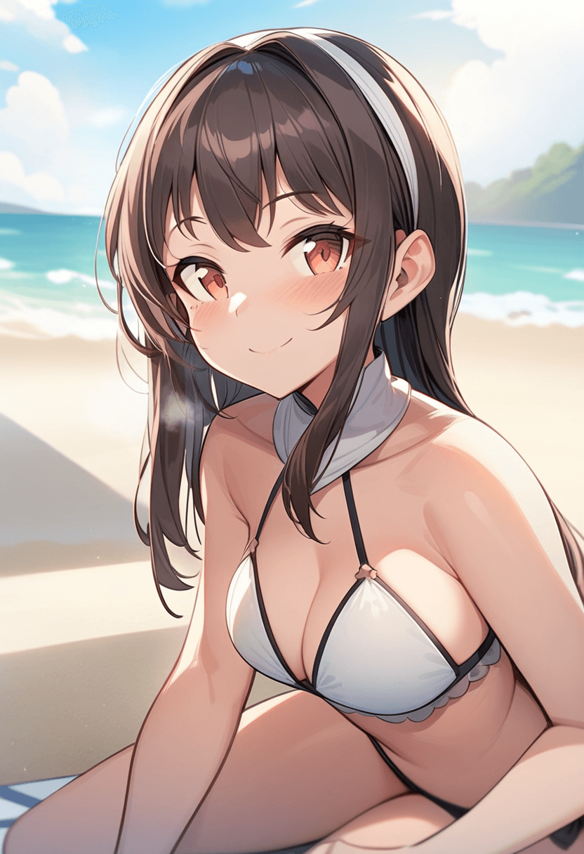 portrait picture, looking at the viewer with a smile, wearing a stylish bikini on the beach, kneeling pose, elegant position