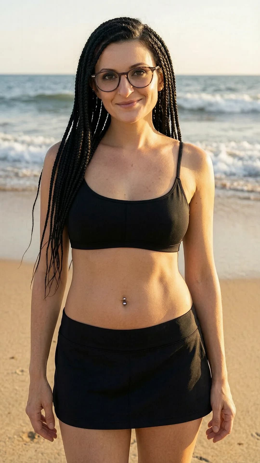 35-year-old Caucasian woman with skinny body type, long black braids, brown eyes, wearing stylish glasses, visible belly piercings and nipple piercings, standing on a sunny beach with ocean waves behind her, wearing a stylish black bikini top as a tight crop top shirt paired with a short black tennis skirt bottom that sits low on her hips, medium close-up portrait from front angle facing the camera directly, direct eye contact with the viewer and a warm smile, lips gently parted, natural golden hour lighting highlighting skin sheen and toned midriff, relaxed pose with slight hip tilt, Flawless anatomy, no extra digits, no extra limbs, realistic skin texture, high-detail.