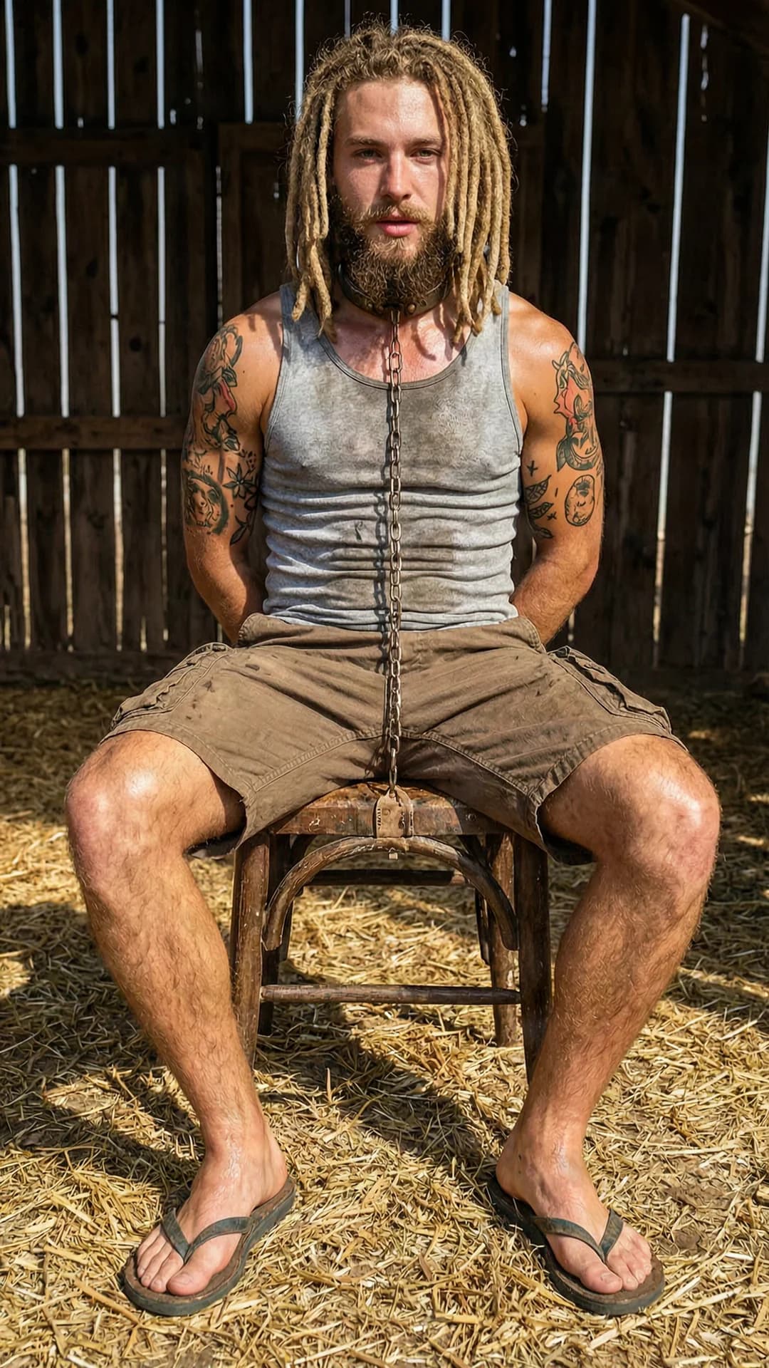 A 21-year-old Caucasian muscular man with blonde dreadlocks, brown eyes, big beard and hairy body, covered in arm and leg tattoos, sits bound in a rustic wooden barn on a scorching hot summer day, wearing a torn grey tank top, worn-out brown shorts with endless pockets, flip flops on his sweaty feet, and a metal collar with dangling chain, his arms tied tightly behind his back and legs bound to the chair, body glistening with heavy sweat dripping down his hairy chest, muscular arms, sweaty legs and feet, full body view including feet from a slightly low frontal angle capturing every detail of his restrained pose, intense direct eye contact with defiant lust, lips parted, dramatic natural sunlight streaming through barn slats highlighting skin sheen and sweat droplets, Flawless anatomy, no extra digits, no extra limbs, realistic skin texture, high-detail.