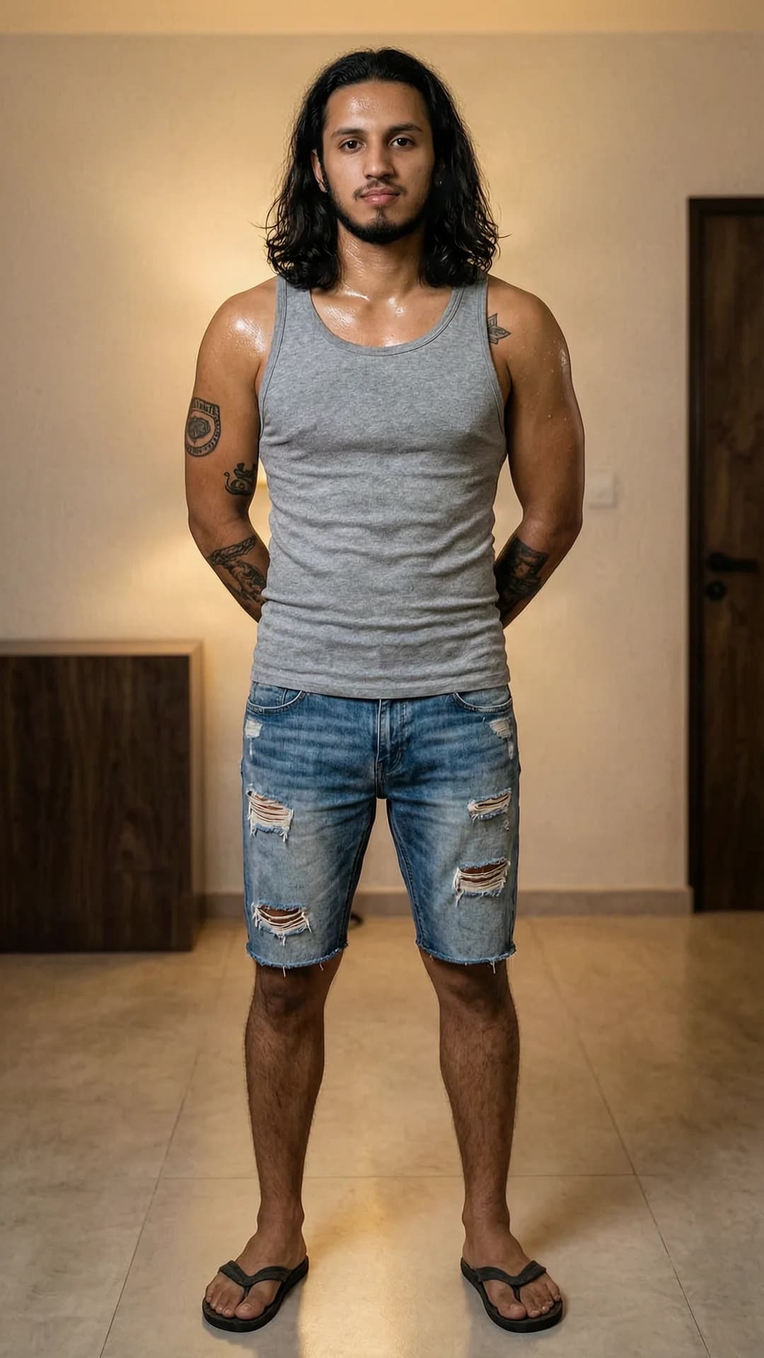 A 25-year-old Arabic man with muscular build, long black hair, brown eyes, beard and visible tattoos, wearing a grey tank top, torn jean shorts and flip flops, standing indoors with arms held behind his back in a full body frontal view, sweaty skin with glistening sheen across his muscular torso and limbs, standing tall with feet planted apart and shoulders squared, intense direct eye contact with the viewer conveying quiet confidence and focus, soft indoor ambient lighting casting subtle shadows, full body composition from eye-level camera angle, Flawless anatomy, no extra digits, no extra limbs, realistic skin texture, high-detail.