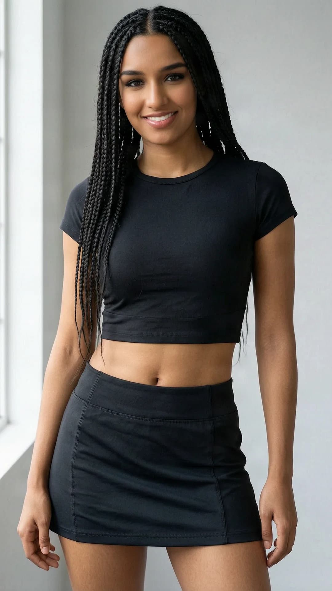 A 24-year-old Indian woman with a fit body, long black braids, and warm brown eyes, wearing a short black tennis skirt paired with a fitted crop top shirt, standing in a realistic style portrait, medium close-up from a direct front angle with soft natural window lighting, posing confidently with shoulders relaxed and hips slightly angled, intense direct eye contact with the viewer and a bright genuine smile, lips softly parted, elegant posture highlighting her toned physique and smooth skin texture, subtle confident mood, Flawless anatomy, no extra digits, no extra limbs, realistic skin texture, high-detail.