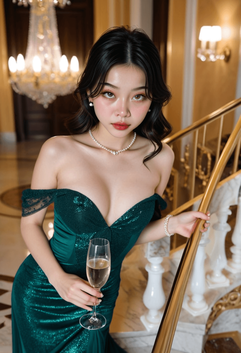 Sophisticated woman in flowing emerald evening gown, standing on marble staircase at luxury venue, chandelier lighting creating glamorous atmosphere, pearl jewelry, elegant updo hairstyle, holding champagne glass, fashion photography style, confident posture