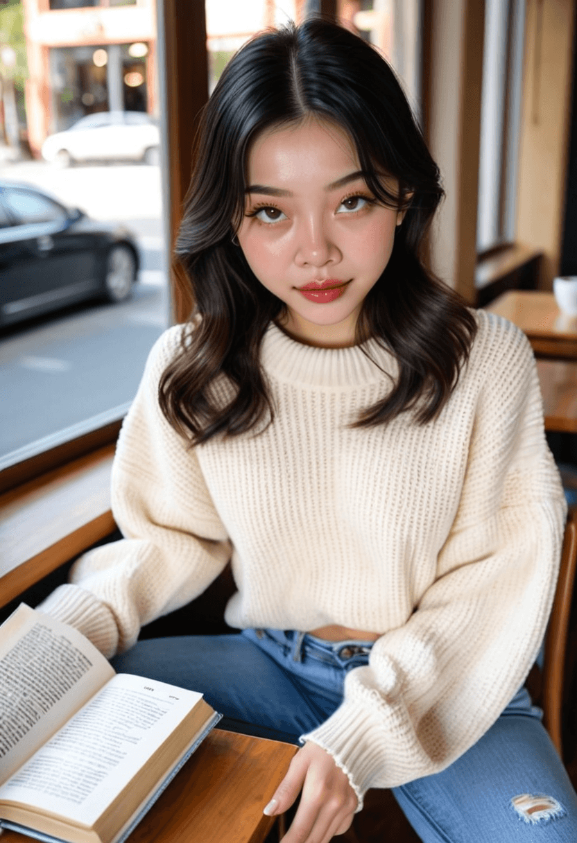 Relaxed woman wearing fitted jeans and cozy oversized sweater, sitting in trendy coffee shop with latte, natural sunlight through large windows, genuine laughing expression, casual lifestyle photography, warm autumn colors, holding book, comfortable and approachable vibe