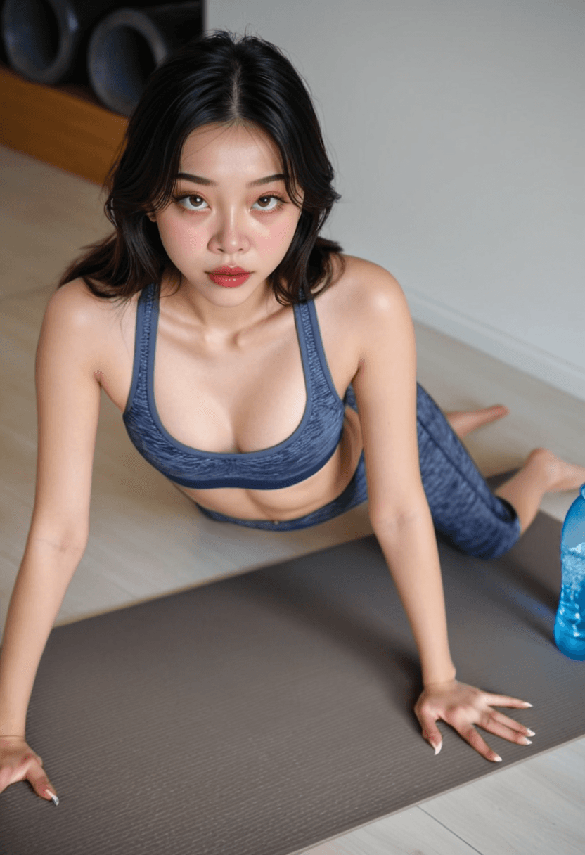 Athletic woman in form-fitting yoga pants and sports bra at modern gym, doing stretching pose on yoga mat, natural lighting, toned physique, focused expression, water bottle nearby, fitness photography style, motivational atmosphere, healthy lifestyle vibe
