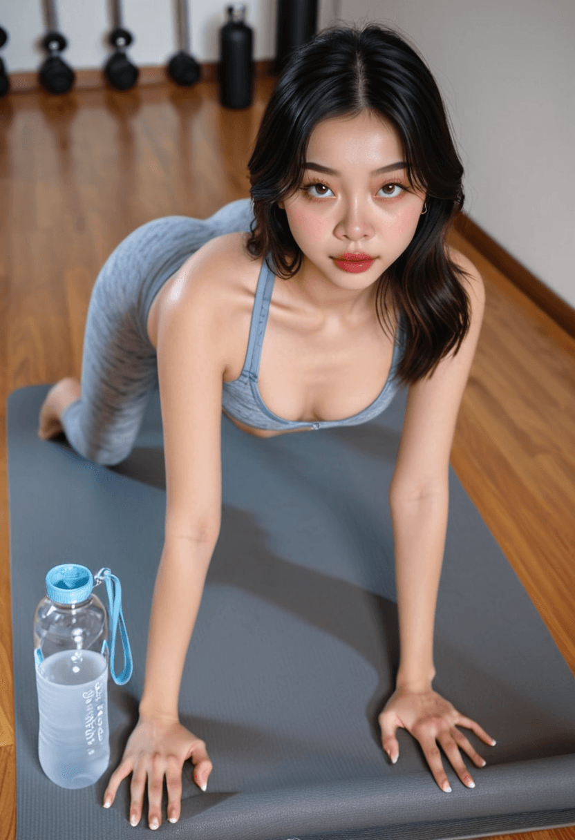 Athletic woman in form-fitting yoga pants and sports bra at modern gym, doing stretching pose on yoga mat, natural lighting, toned physique, focused expression, water bottle nearby, fitness photography style, motivational atmosphere, healthy lifestyle vibe