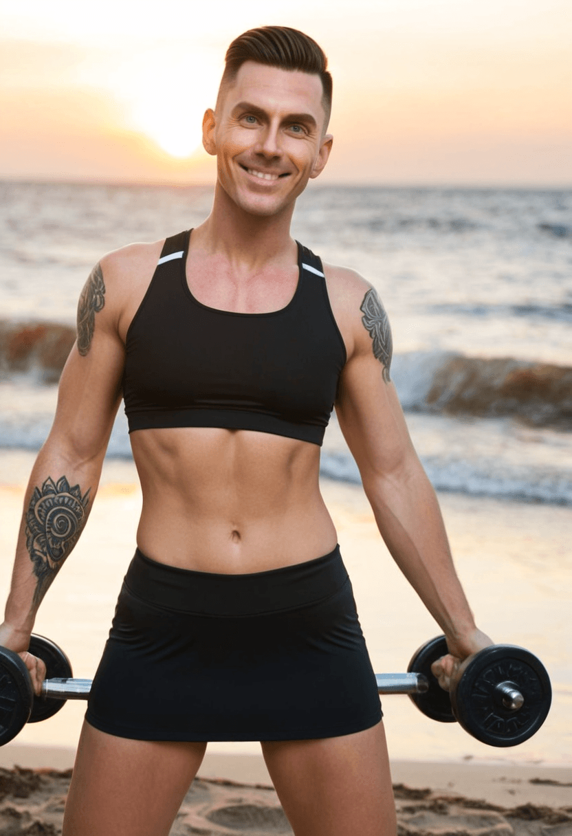 Wearing short black tennis skirt and a crop top shirt, portrait picture, looking at the viewer with a smile, wearing athletic shorts and compression shirt, sporty attire, standing confidently with shoulders back, commanding presence, power pose, lifting weights at the gym, showing muscular strength, visible tattoos on arms and chest, on a sunny beach with ocean waves, outdoor setting