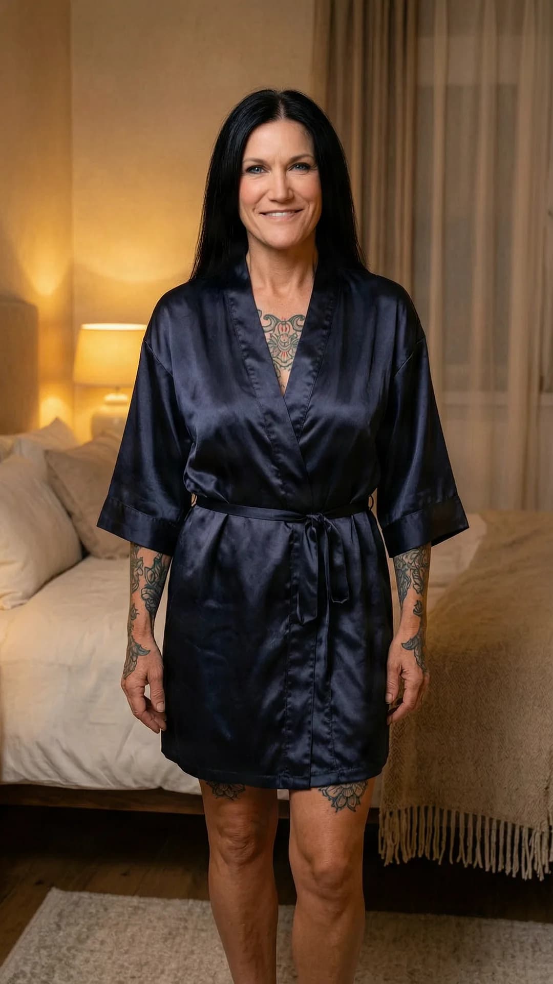 A 46-year-old Caucasian woman with a fit body, long black hair, blue eyes, and artistic tattoos, standing confidently in a full body shot from a straight-on frontal angle in a cozy bedroom setting with soft warm ambient lighting, wearing a luxurious satin robe that drapes elegantly over her form, direct eye contact with the viewer and a warm inviting smile, relaxed yet poised body positioning with shoulders back and hands lightly at her sides, cinematic mood of quiet confidence, Flawless anatomy, no extra digits, no extra limbs, realistic skin texture, high-detail.