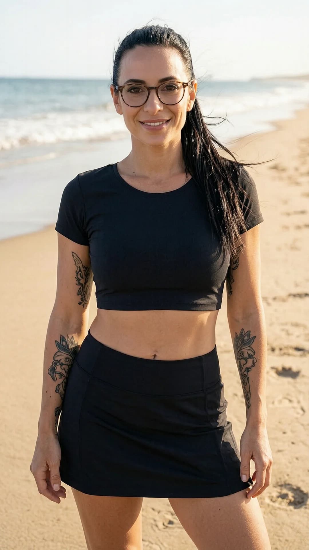 32-year-old Caucasian woman with black hair in a ponytail, brown eyes, average body type, wearing glasses and visible tattoos with natural pubic hair, standing on a sunny beach in a short black tennis skirt and tight crop top shirt, medium close-up portrait from front angle, direct eye contact with a warm smile and parted lips, soft natural daylight illuminating her skin with gentle breeze, realistic style, Flawless anatomy, no extra digits, no extra limbs, realistic skin texture, high-detail.