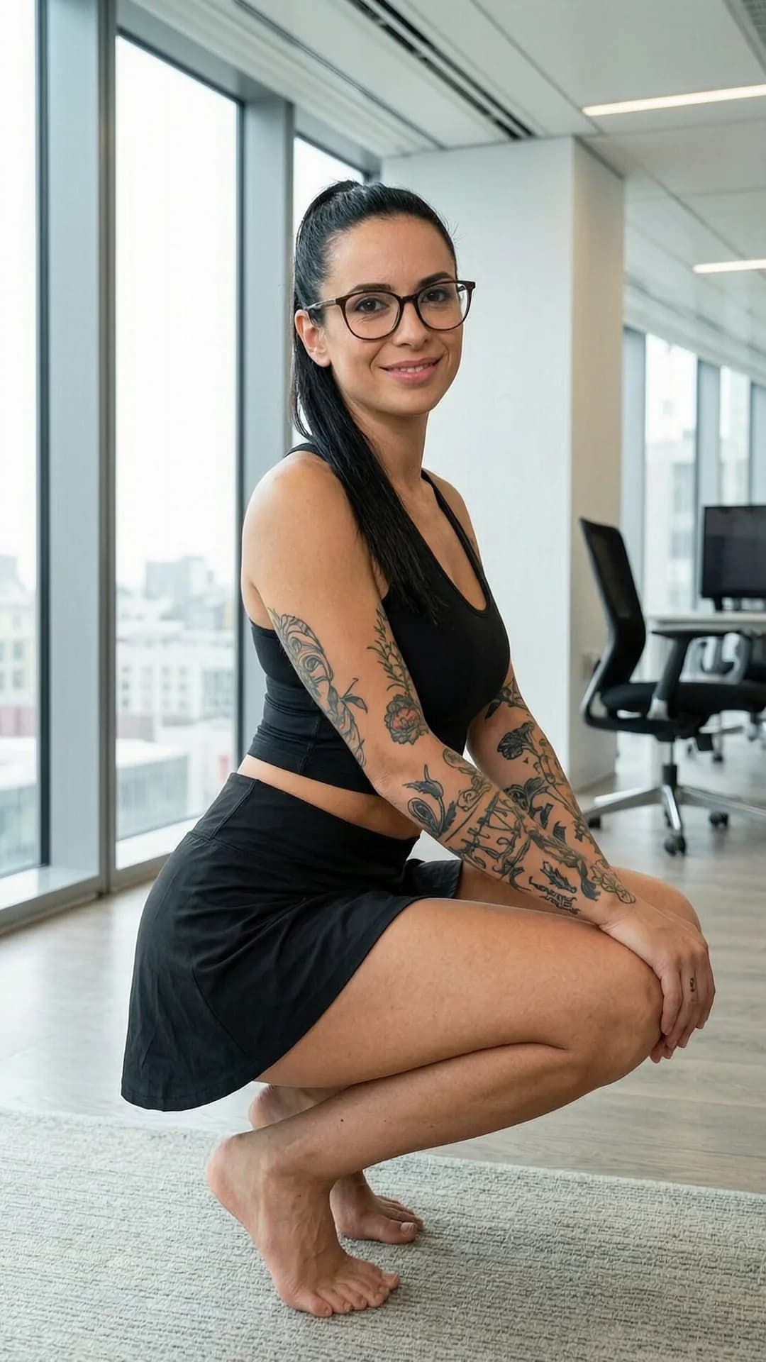 A 32-year-old Caucasian woman with black hair in a ponytail, brown eyes, average body type, wearing glasses and visible tattoos, squatting in an athletic pose inside a modern office setting with large windows and sleek furniture, dressed in a short black tennis skirt and tight crop top shirt that accentuates her figure, front-facing portrait composition at eye level with direct eye contact and a bright smile, lips parted slightly in a friendly expression, natural daylight lighting casting soft shadows across her skin and clothing, body weight balanced on her heels with knees bent and thighs engaged, ponytail resting over one shoulder, flawless anatomy, no extra digits, no extra limbs, realistic skin texture, high-detail.