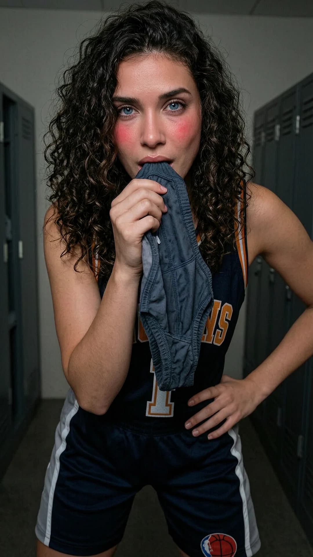 A 21-year-old Caucasian woman with skinny body type, curly brunette hair and piercing blue eyes, wearing a tight basketball uniform with jersey and shorts, stands in a dimly lit locker room, holding a pair of used underwear to her nose and inhaling deeply with head tilted back, body slightly arched, one hand gripping the fabric while the other rests on her hip, captured in a medium close-up from a low side angle POV with intense direct eye contact toward the viewer conveying guilty arousal and seductive lust, lips parted, soft dramatic lighting casting shadows across her flushed skin and curly hair, realistic style, Flawless anatomy, no extra digits, no extra limbs, realistic skin texture, high-detail.