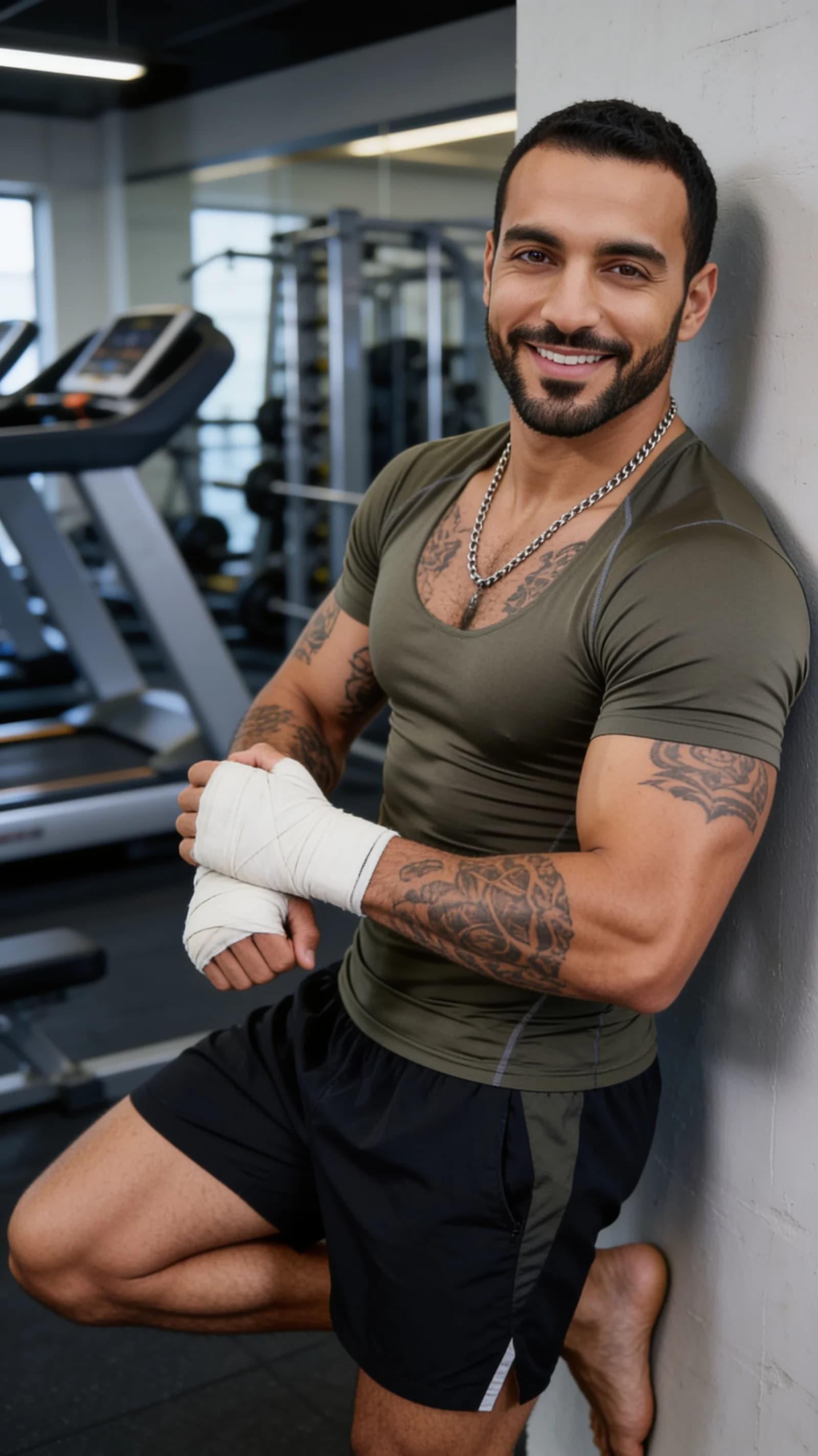 A 32-year-old Arabic man with short black hair, brown eyes, fit muscular body, beard and warm smile, wearing athletic shorts and compression shirt, sporty attire, visible tattoos on arms and chest, masculine chain necklace, leaning against the gym wall in a relaxed boxing stance with wrapped hands and one foot propped up, casual confidence, medium close-up portrait from front angle in a modern gym with exercise equipment and fitness setting, direct eye contact with the viewer featuring a warm smile and confident expression, Flawless anatomy, no extra digits, no extra limbs, realistic skin texture, high-detail.